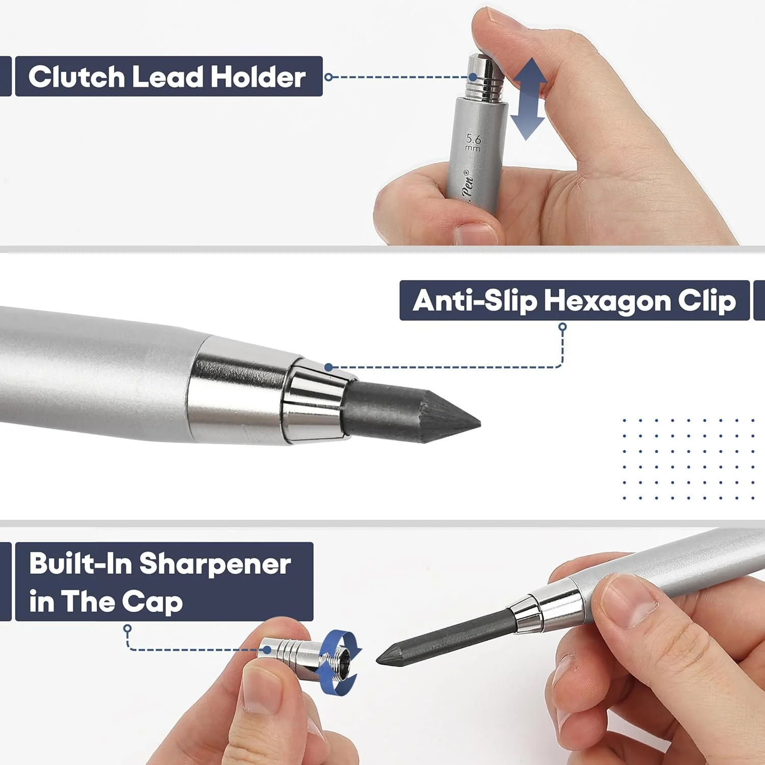 5.6 mm Mechanical Clutch Pencil, Metal, Built-In Sharpener - Image 3