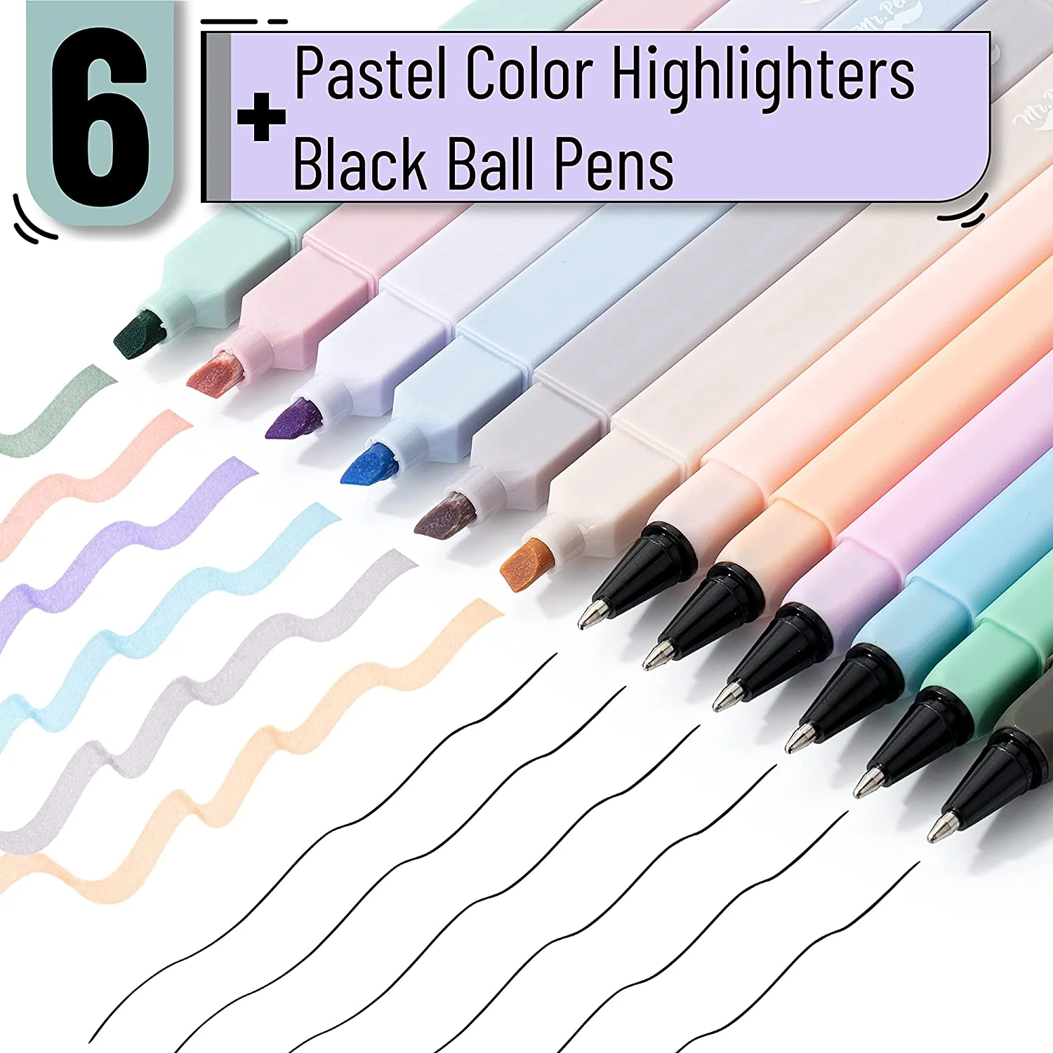 Aesthetic Highlighters & Ballpoint Pens, 12 Pack, Black Ink, No-Bleed, Soft Colors, Chisel Tip + Ballpoint Pens, Journaling & Study Set - Image 10