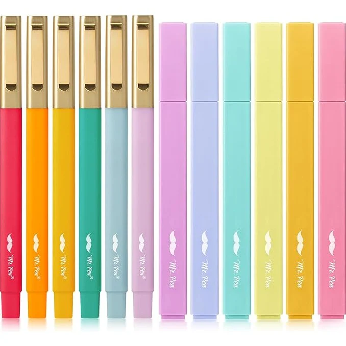 Aesthetic Highlighters & Ballpoint Pens, 12 Pack, Black Ink, No-Bleed, Soft Colors, Chisel Tip + Ballpoint Pens, Journaling & Study Set - Image 17