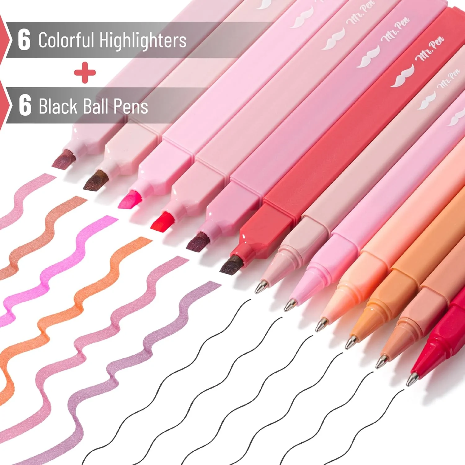 Aesthetic Highlighters & Ballpoint Pens, 12 Pack, Black Ink, No-Bleed, Soft Colors, Chisel Tip + Ballpoint Pens, Journaling & Study Set - Image 25