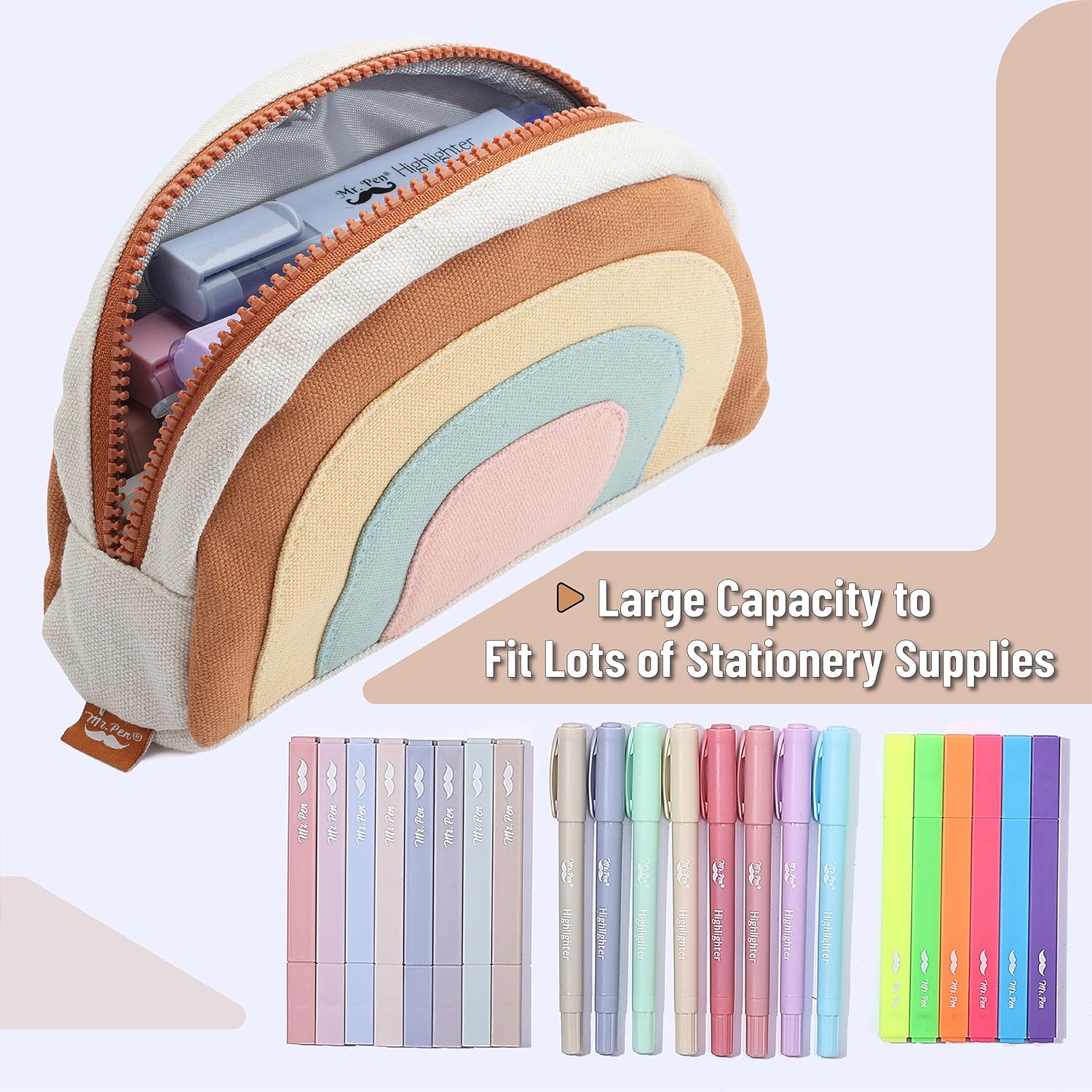 Large Boho Pencil Pouch, Rainbow Canvas Case with Zipper, School & College Supplies - Image 5
