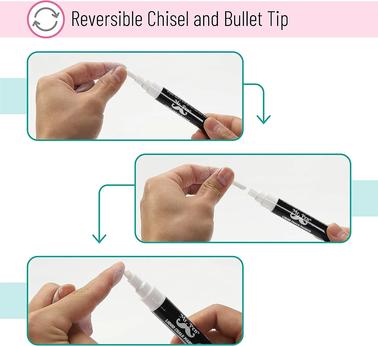 White Chalk Markers, 8 Pack, Reversible Tip, Erasable - Image 3