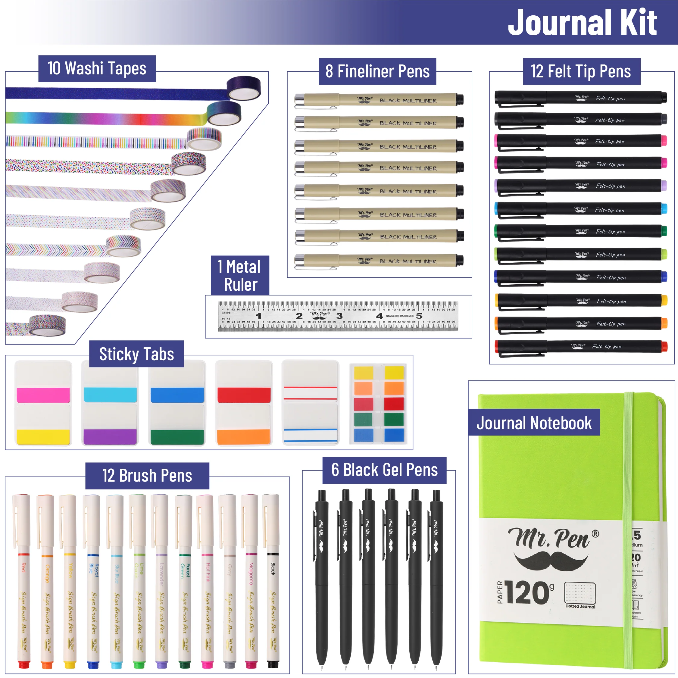 Mr. Pen - Creative Journaling Kit, 10-Piece Set for Bullet Point Journaling, Includes Notebook, Pens, Markers, Washi Tape & Tabs, Giftable Journaling Supplies for Beginners & Pros - Image 4