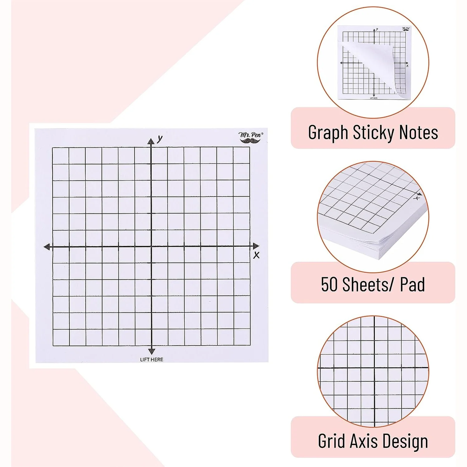 Graph Paper Sticky Notes 3x3, 6 Pads, White, 6 Designs, 300 Sheets - Image 3