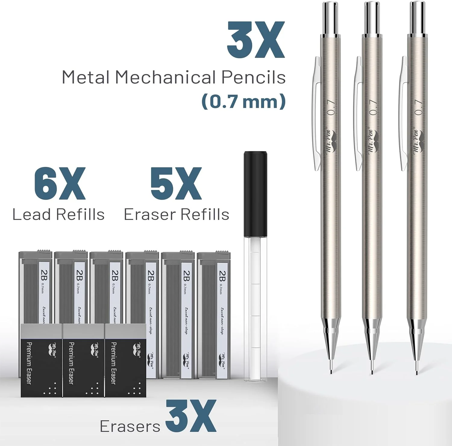 Metal Mechanical Pencil Set, 0.7mm, 3 Pack, Leads & Erasers - Image 2