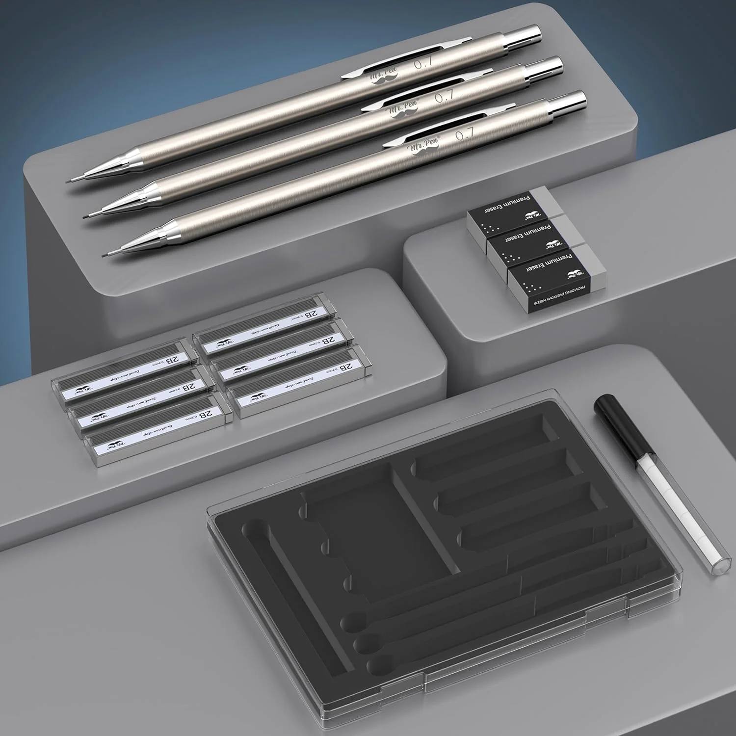 Metal Mechanical Pencil Set, 0.7mm, 3 Pack, Leads & Erasers - Image 3
