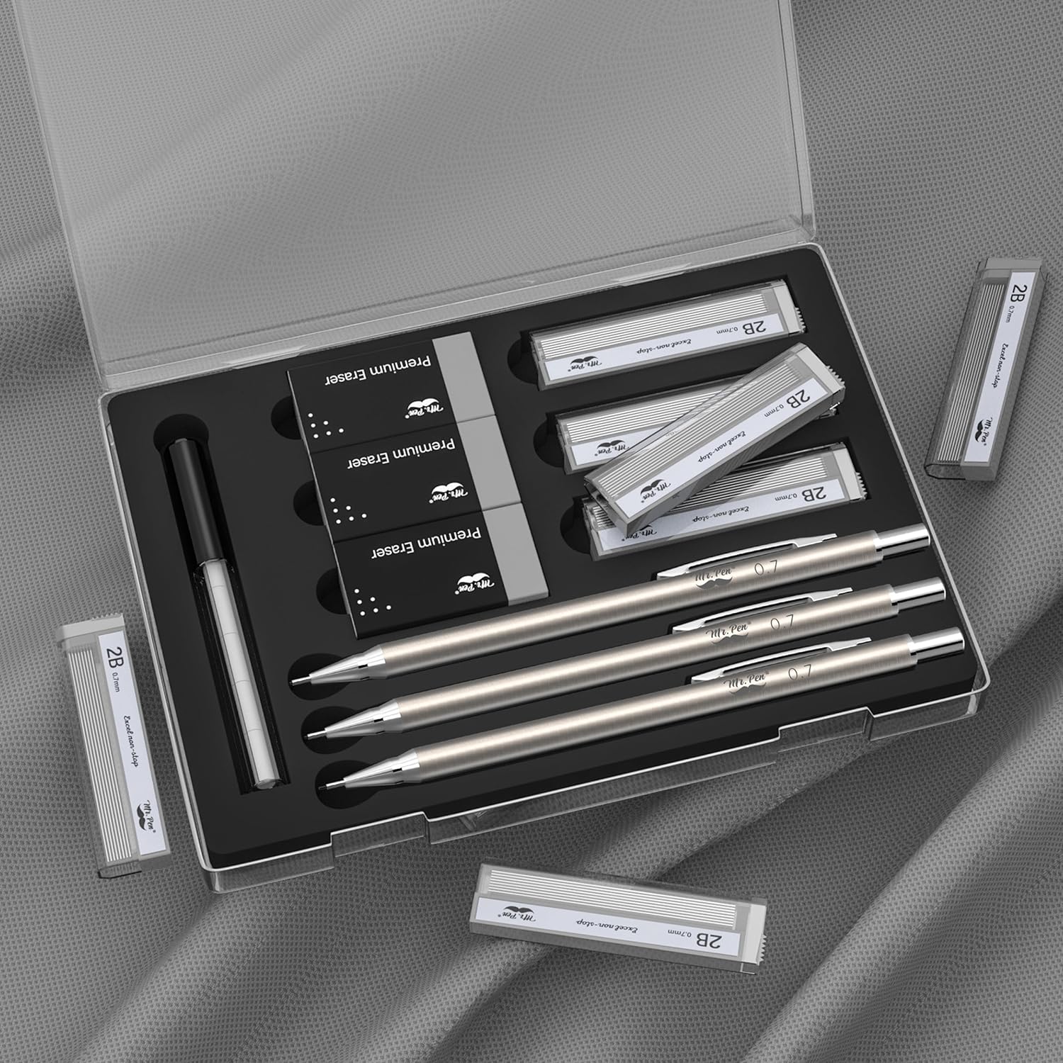 Metal Mechanical Pencil Set, 0.7mm, 3 Pack, Leads & Erasers - Image 6