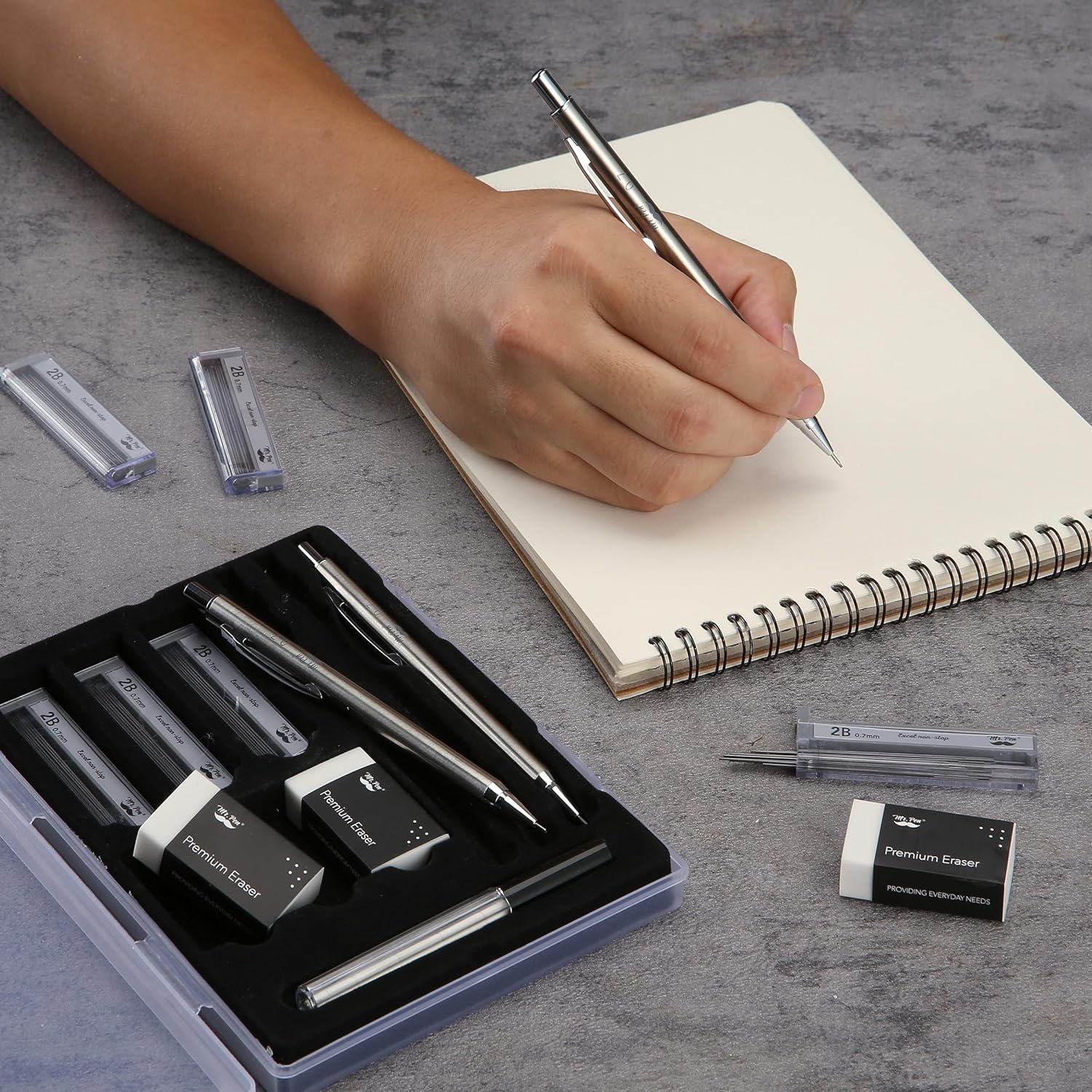 Metal Mechanical Pencil Set, 0.7mm, 3 Pack, Leads & Erasers - Image 7