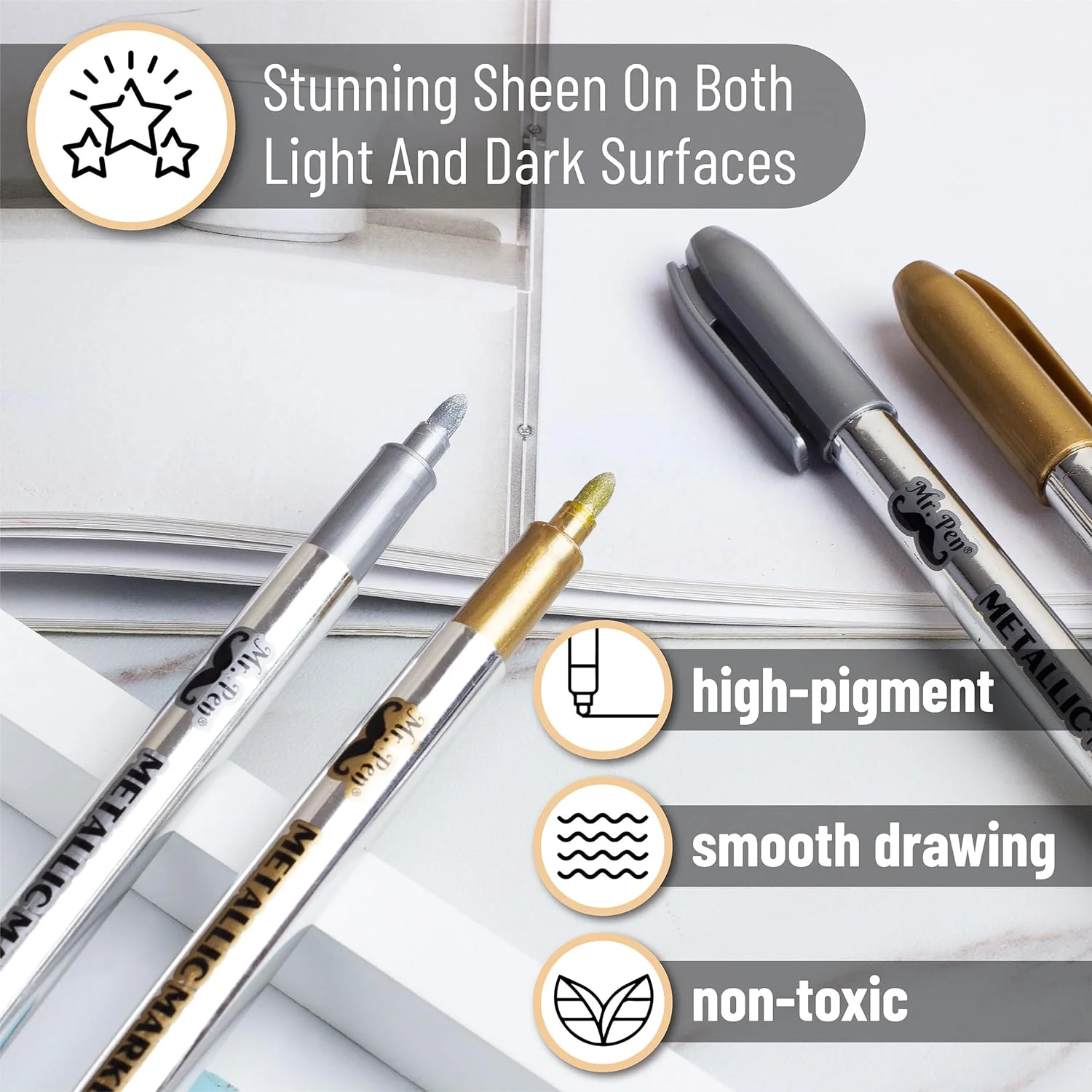 Metallic Paint Markers, 12 Pack, Gold & Silver, 1.5mm Fine Tip - Image 3