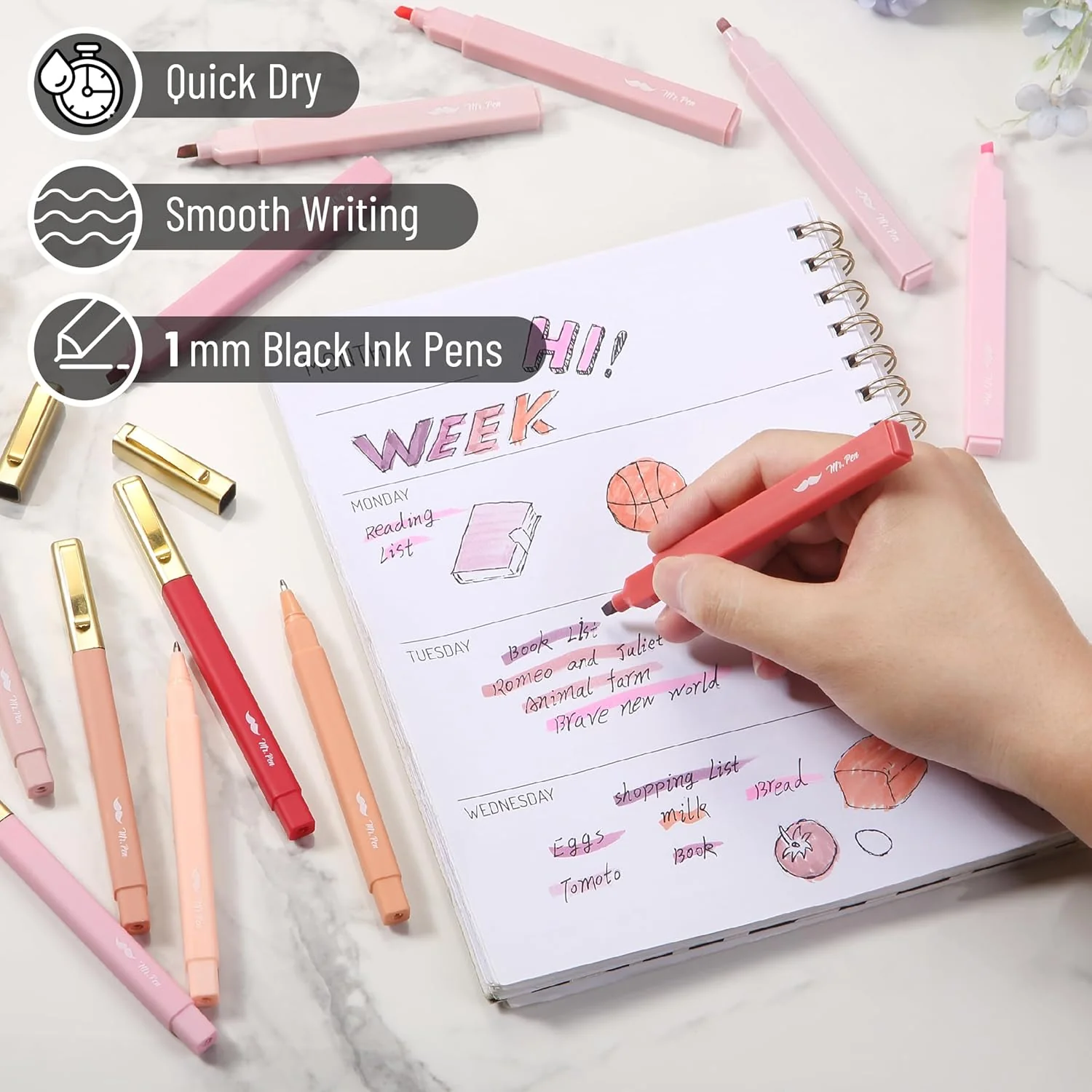 Aesthetic Highlighters and Pens No Bleed, 12 Pack, Shades of Pink, Bible Highlighters No Bleed, Black Ink Bible Pens, Highlighter Pens, No Bleed Highlighters for Bibles, Bible Pens - Image 4