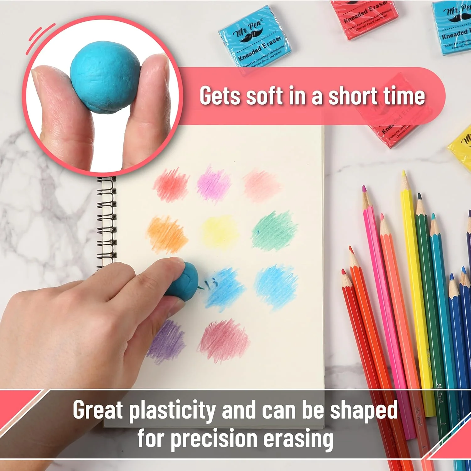 Colorful Kneaded Erasers Set, 19 pcs, 18 Erasers + Sharpener - Image 3