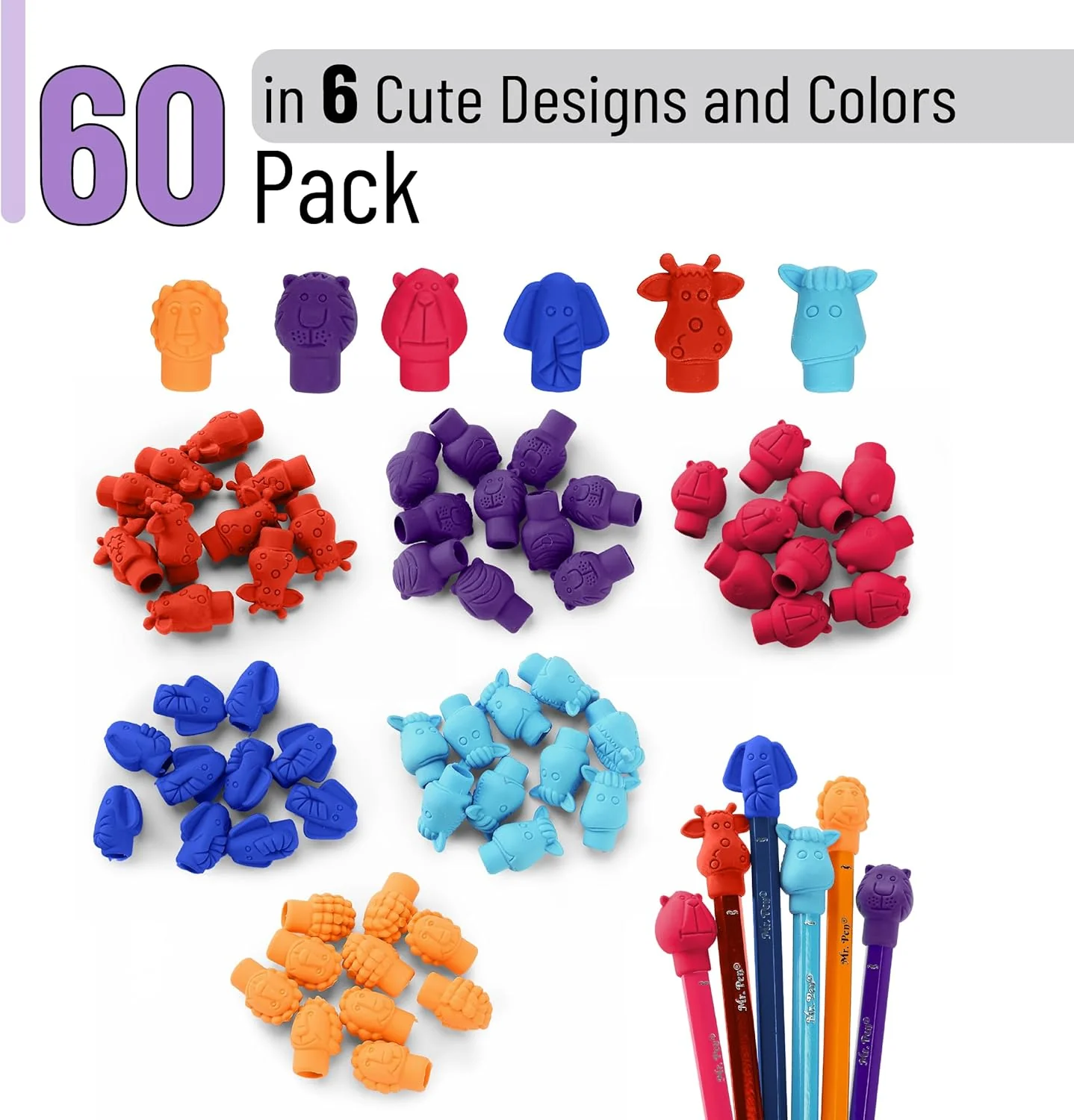 Animal Pencil Top Erasers, 60 Pack, Cap Erasers, Colorful - Image 3