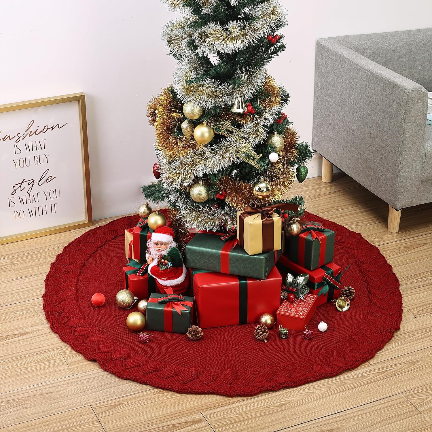 Mr. Pen- Christmas Tree Skirt, 36", Red Knitted Christmas Skirt Tree, Xmas Tree Skirt - Image 5