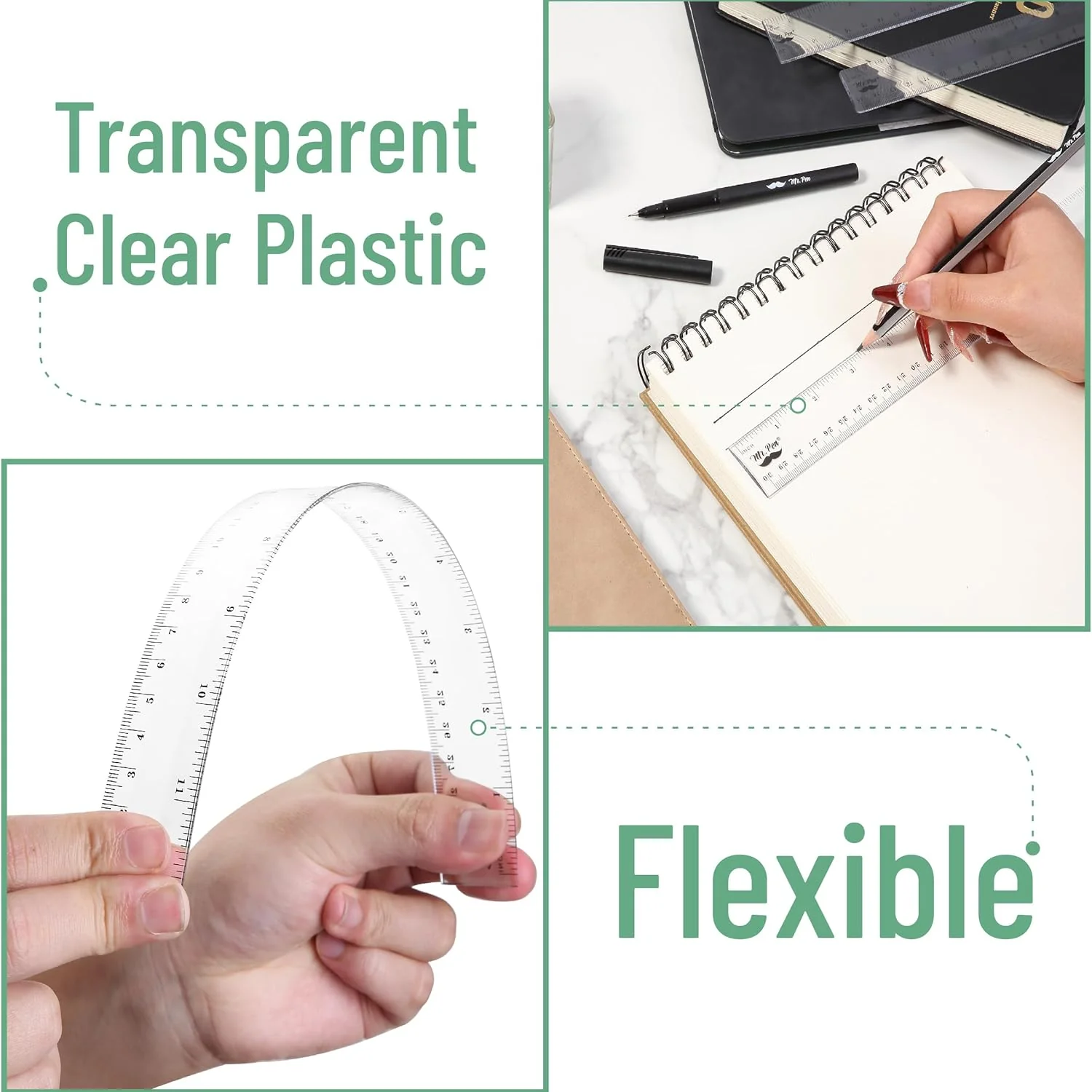 Clear Plastic Rulers Set, 3 Pack, 6”, 8”, 12”, Metric & Inch - Image 3
