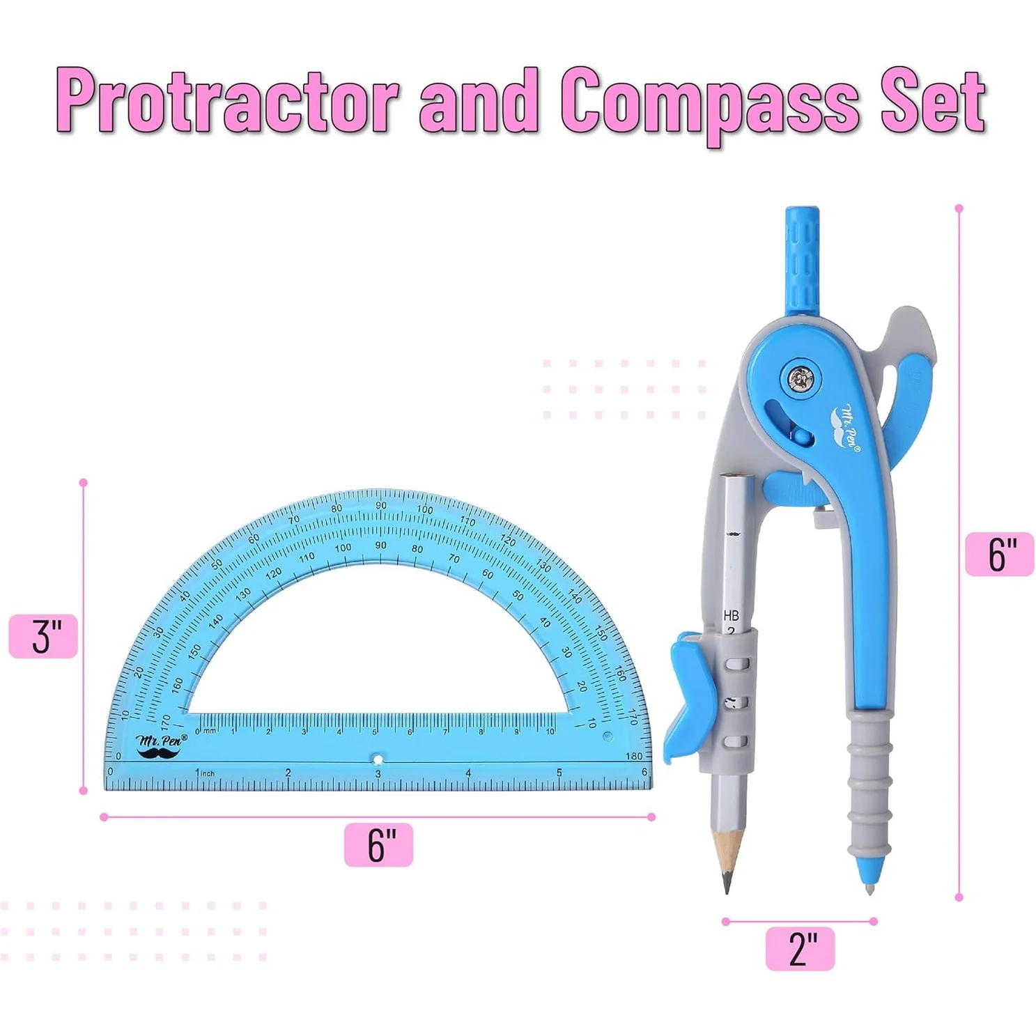 Bulk Compass and Protractor Set, 12 Sets, Colorful, Classroom - Image 3