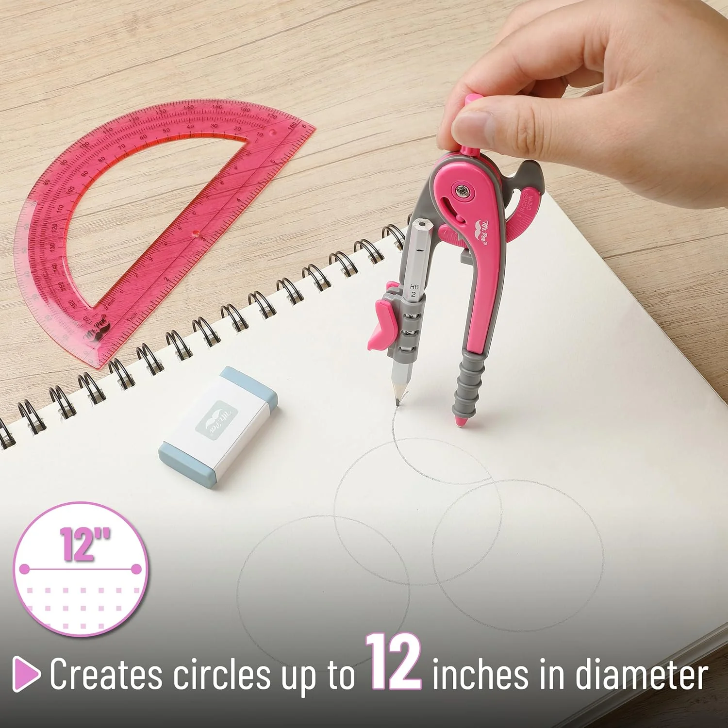 School Compass and Protractor Set, Vivid Cerise, Metal Body - Image 3