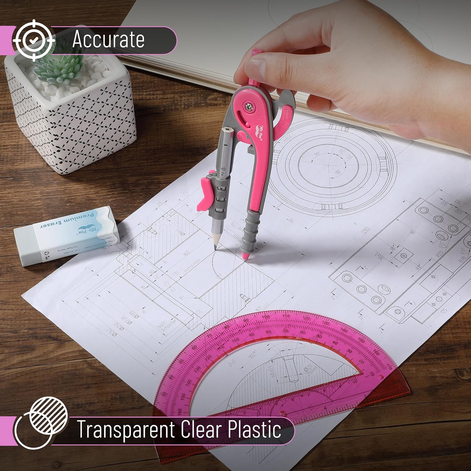 School Compass and Protractor Set, Vivid Cerise, Metal Body - Image 4