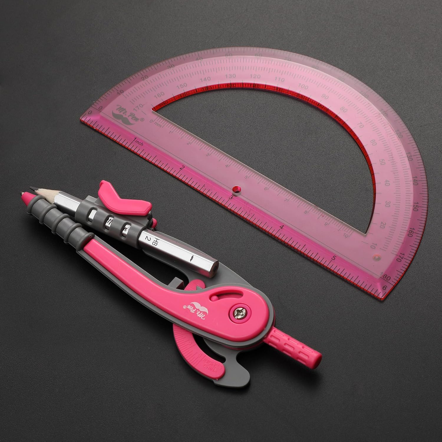 School Compass and Protractor Set, Vivid Cerise, Metal Body - Image 5