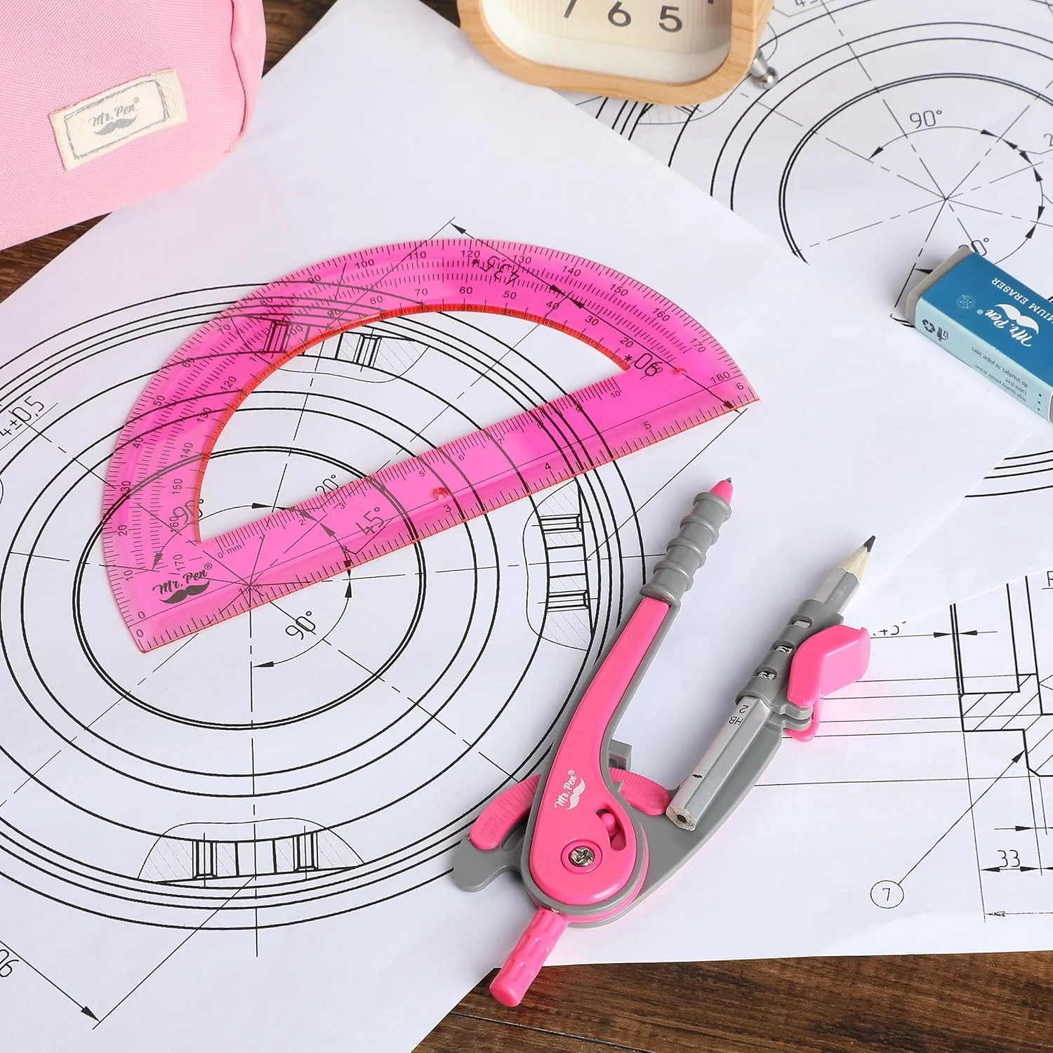 School Compass and Protractor Set, Vivid Cerise, Metal Body - Image 6
