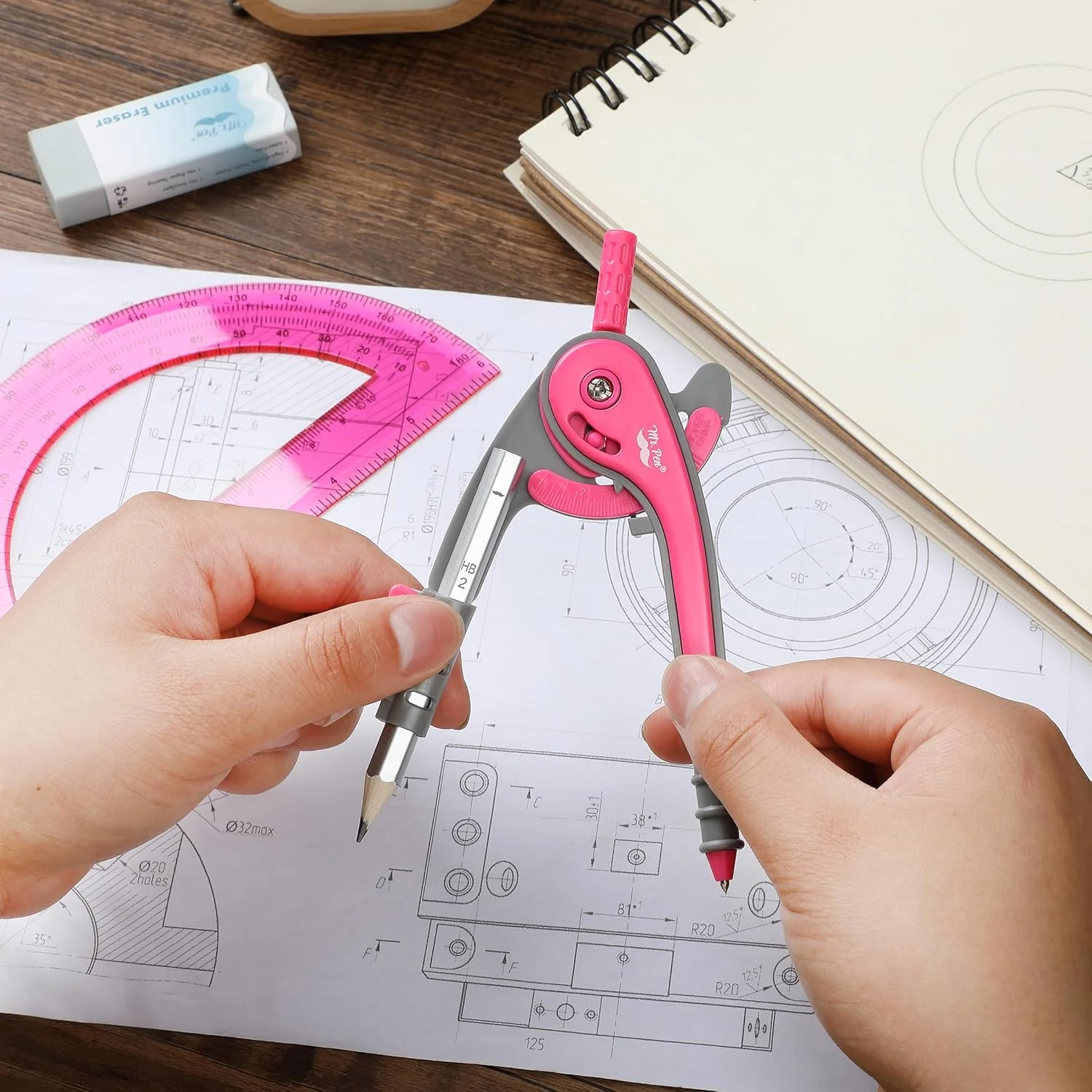 School Compass and Protractor Set, Vivid Cerise, Metal Body - Image 7