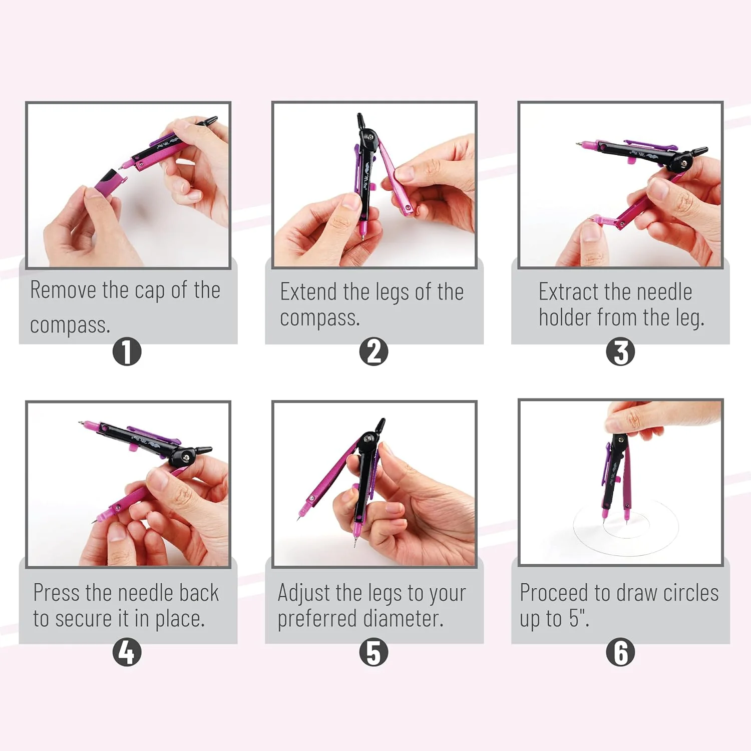 School Compass for Geometry, Pink Metal Frame, Center Wheel - Image 3