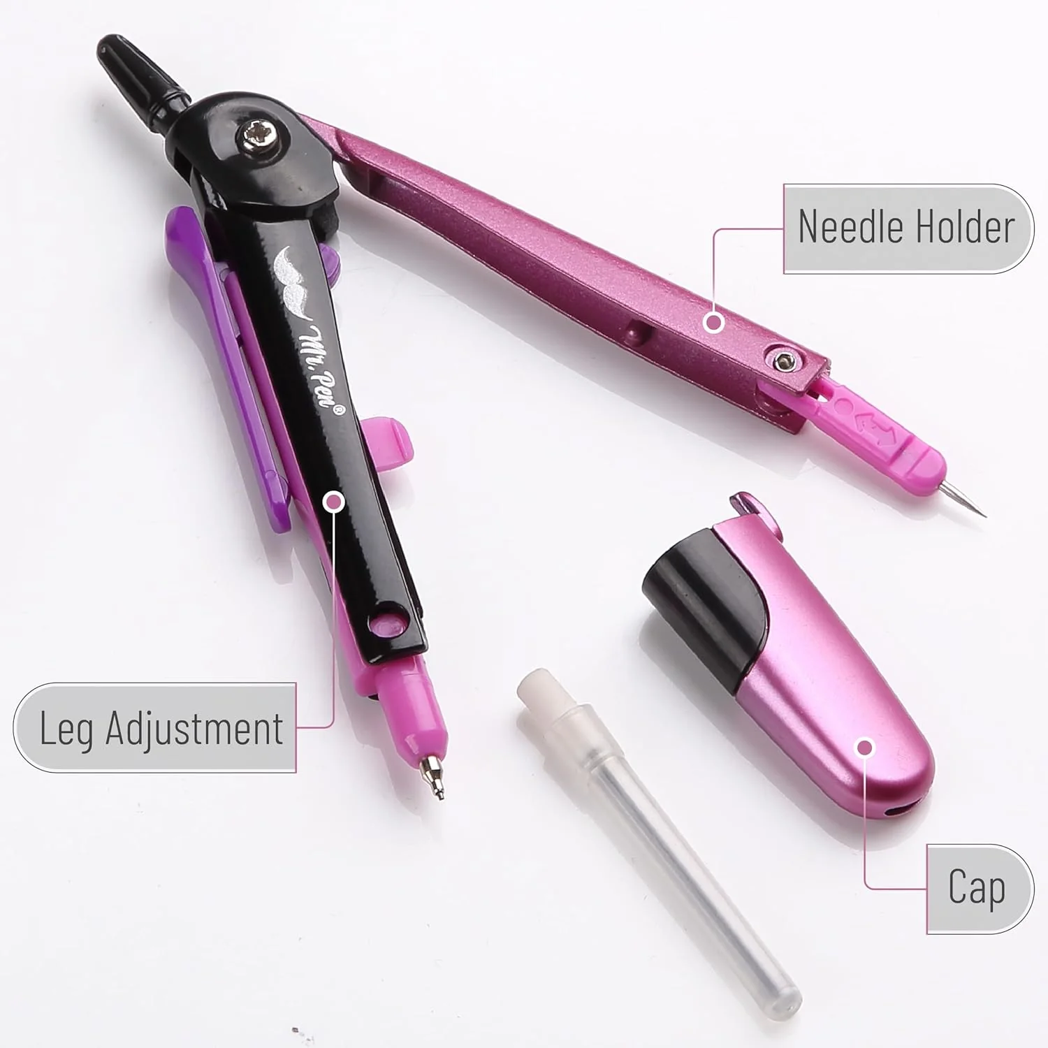 School Compass for Geometry, Pink Metal Frame, Center Wheel - Image 5