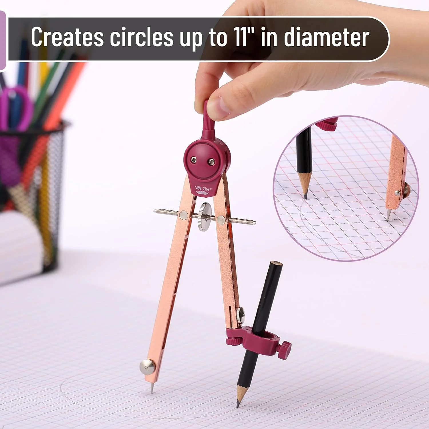 Drawing Compass for Geometry, Rose Gold, Draw Up to 11" - Image 3