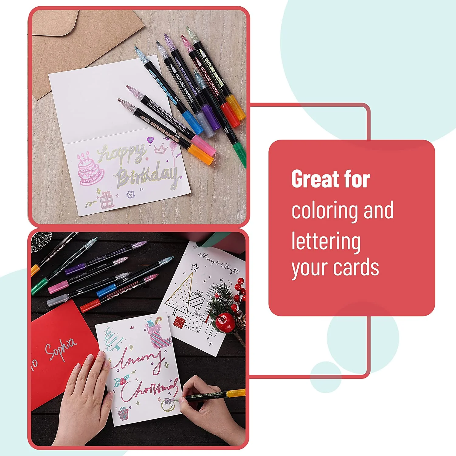 Double Line Outline Markers, 10 Pack, Shimmer Metallic Colors - Image 3