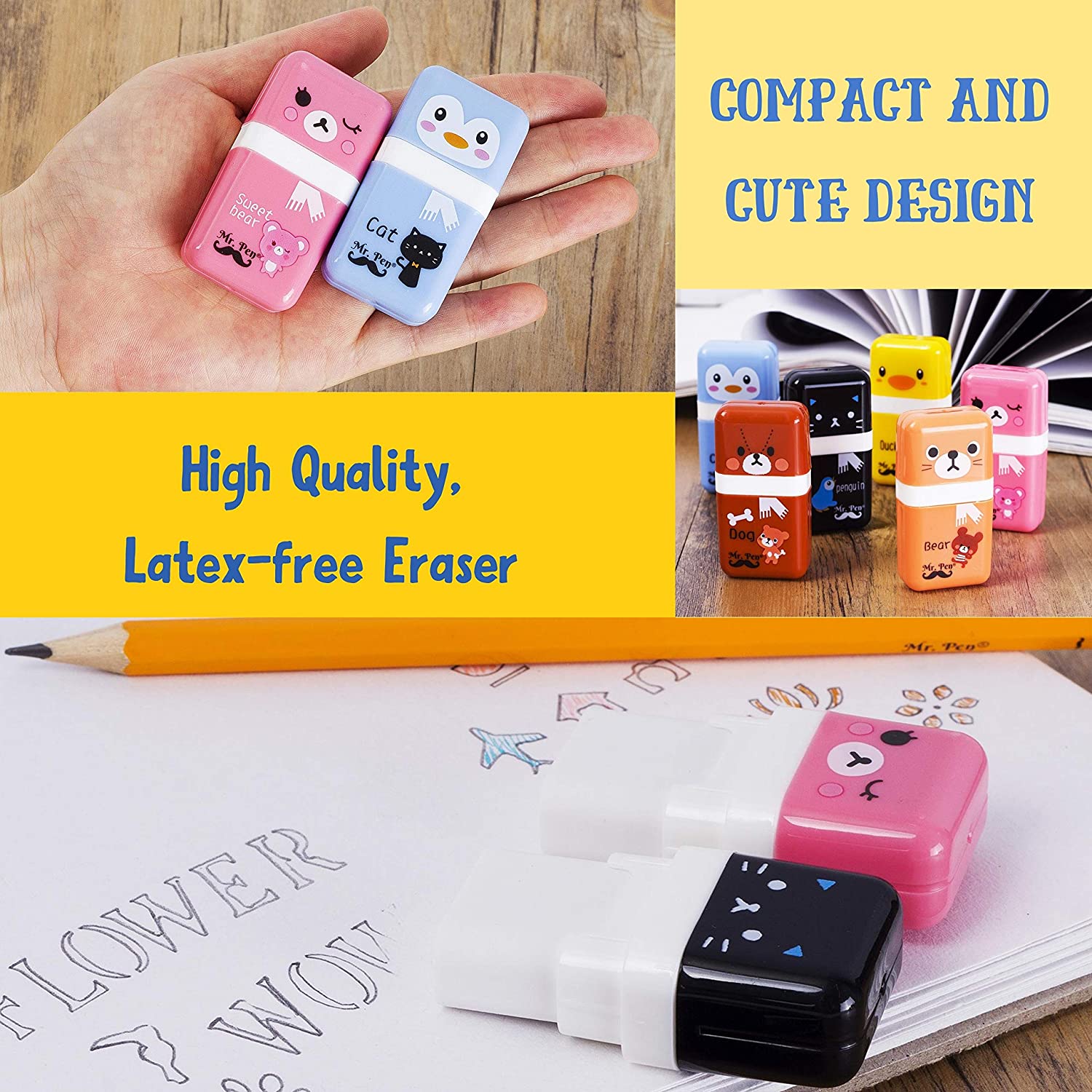 Cute Pencil Erasers, 6 Pack, with Covers & Rollers for Kids - Image 12