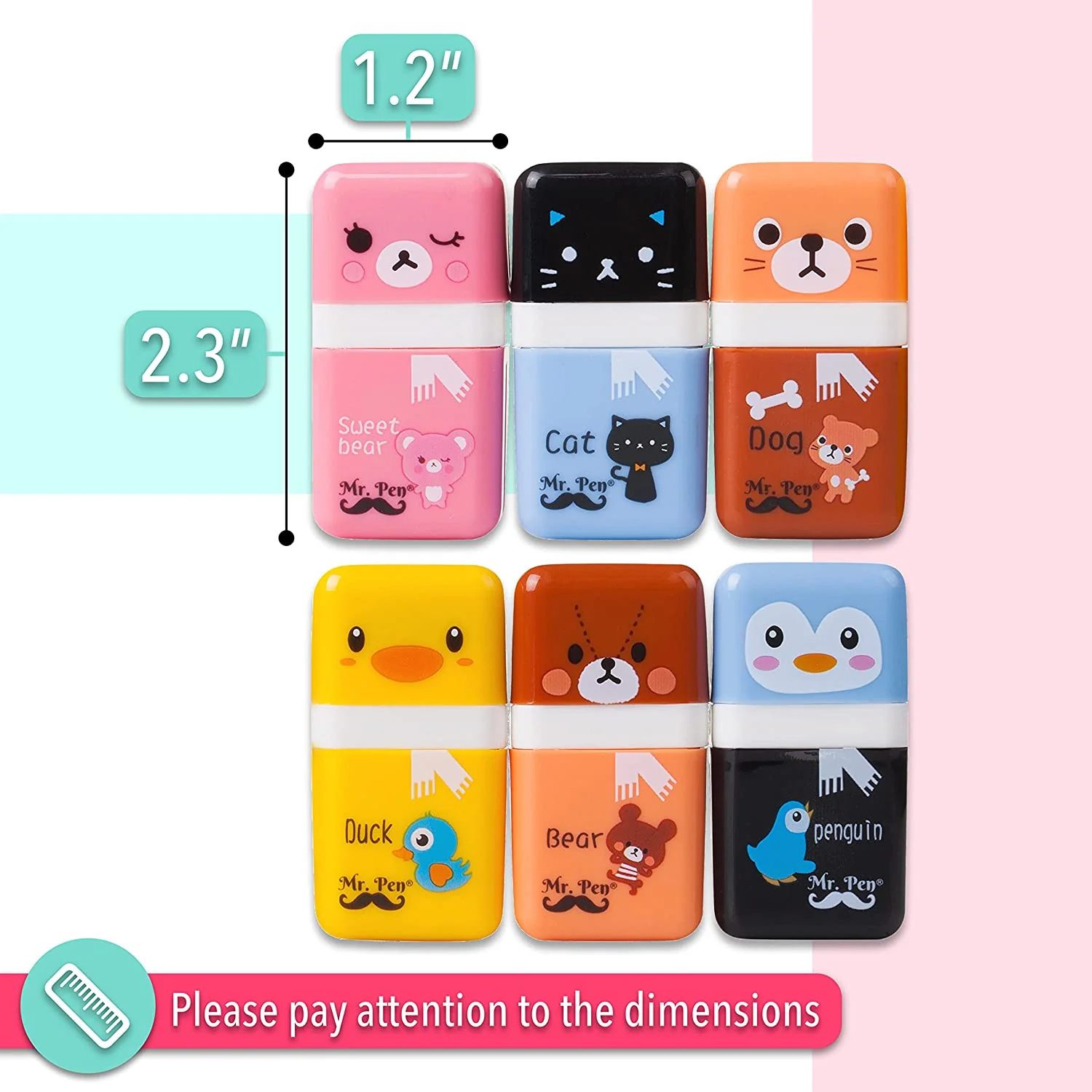 Cute Pencil Erasers, 6 Pack, with Covers & Rollers for Kids - Image 3