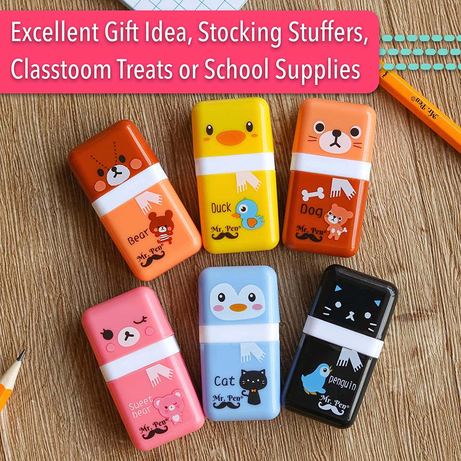 Cute Pencil Erasers, 6 Pack, with Covers & Rollers for Kids - Image 5
