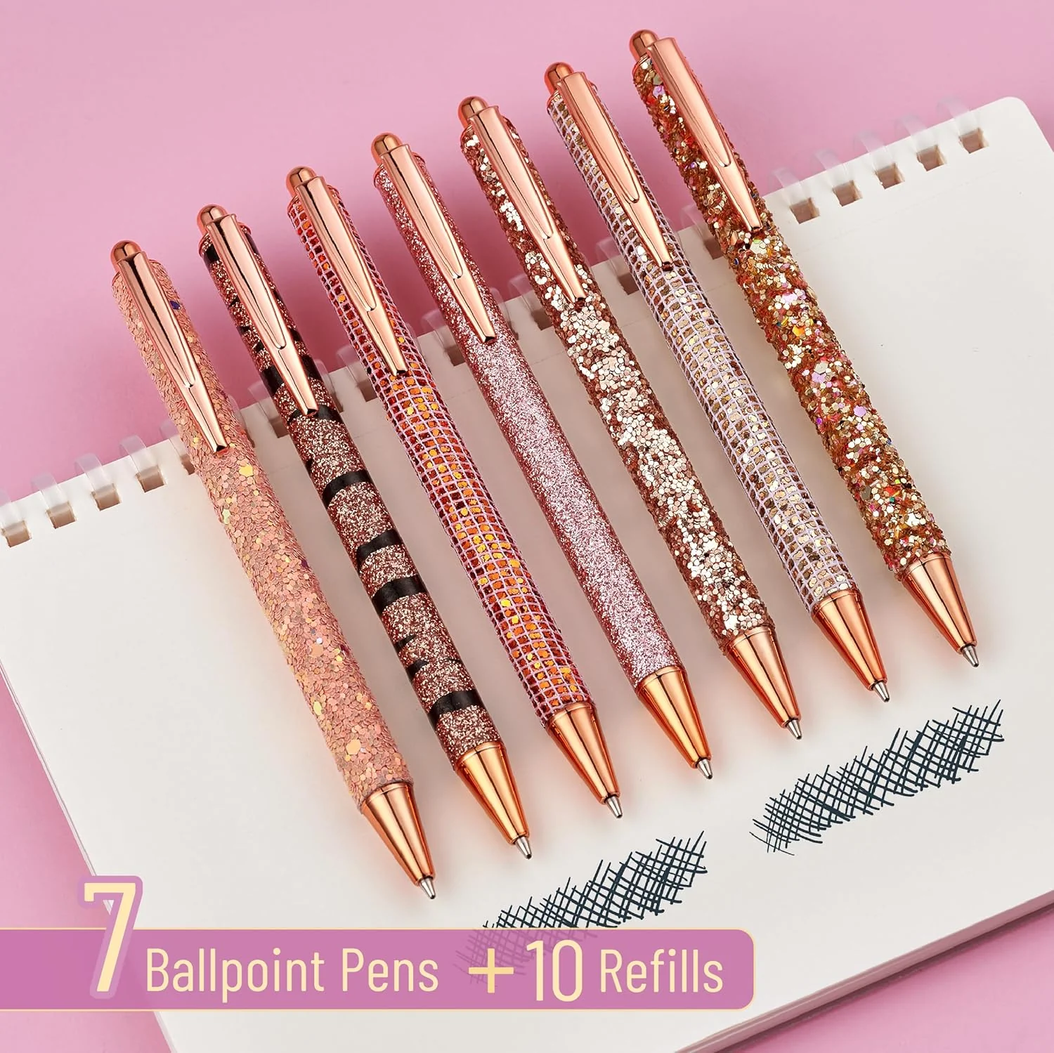 Mr. Pen- Fancy Pens for Women, 7 Black Ink Ballpoint Pens with 10 Refills, 1.0mm, Rose Gold Reverie, Glitter Cute Pens for Journaling - Image 2