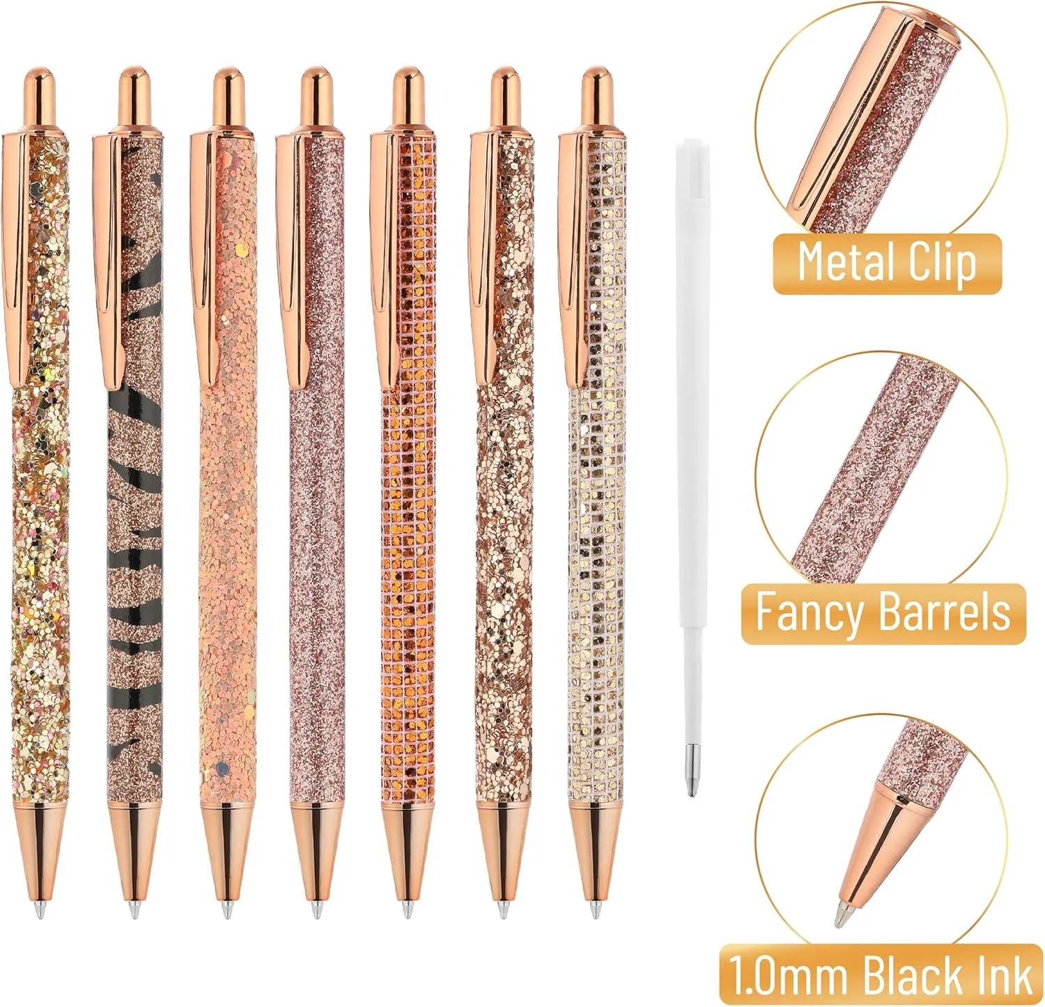 Mr. Pen- Fancy Pens for Women, 7 Black Ink Ballpoint Pens with 10 Refills, 1.0mm, Rose Gold Reverie, Glitter Cute Pens for Journaling - Image 3
