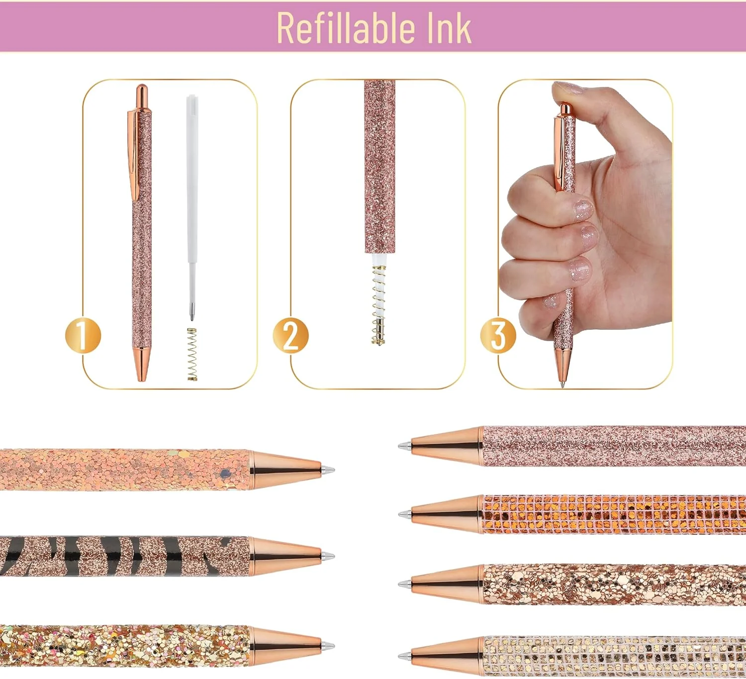 Mr. Pen- Fancy Pens for Women, 7 Black Ink Ballpoint Pens with 10 Refills, 1.0mm, Rose Gold Reverie, Glitter Cute Pens for Journaling - Image 4