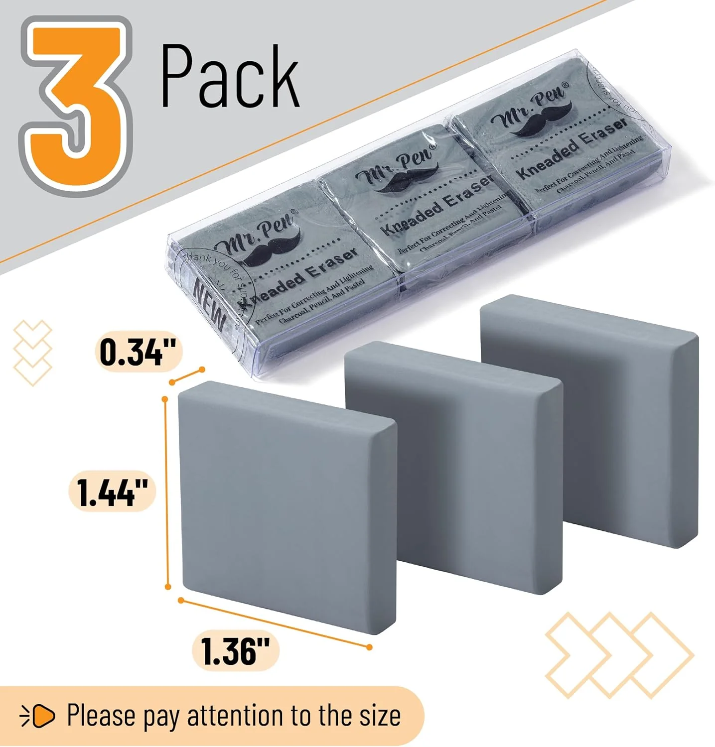 Mr. Pen- Kneaded Eraser, 3 Pack, Grey, 1.44"x1.36" Kneaded Erasers for Artists, Art Eraser - Image 3