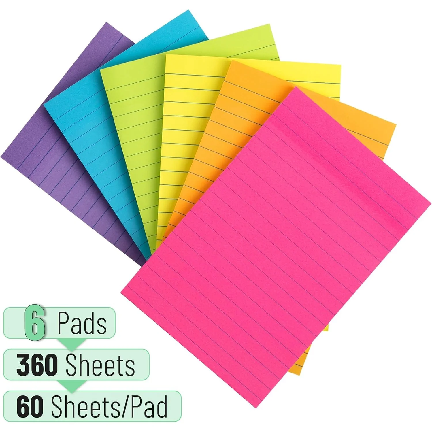 Lined Sticky Notes 4x6, 6 Pads, 360 Sheets, Assorted Colors - Image 2