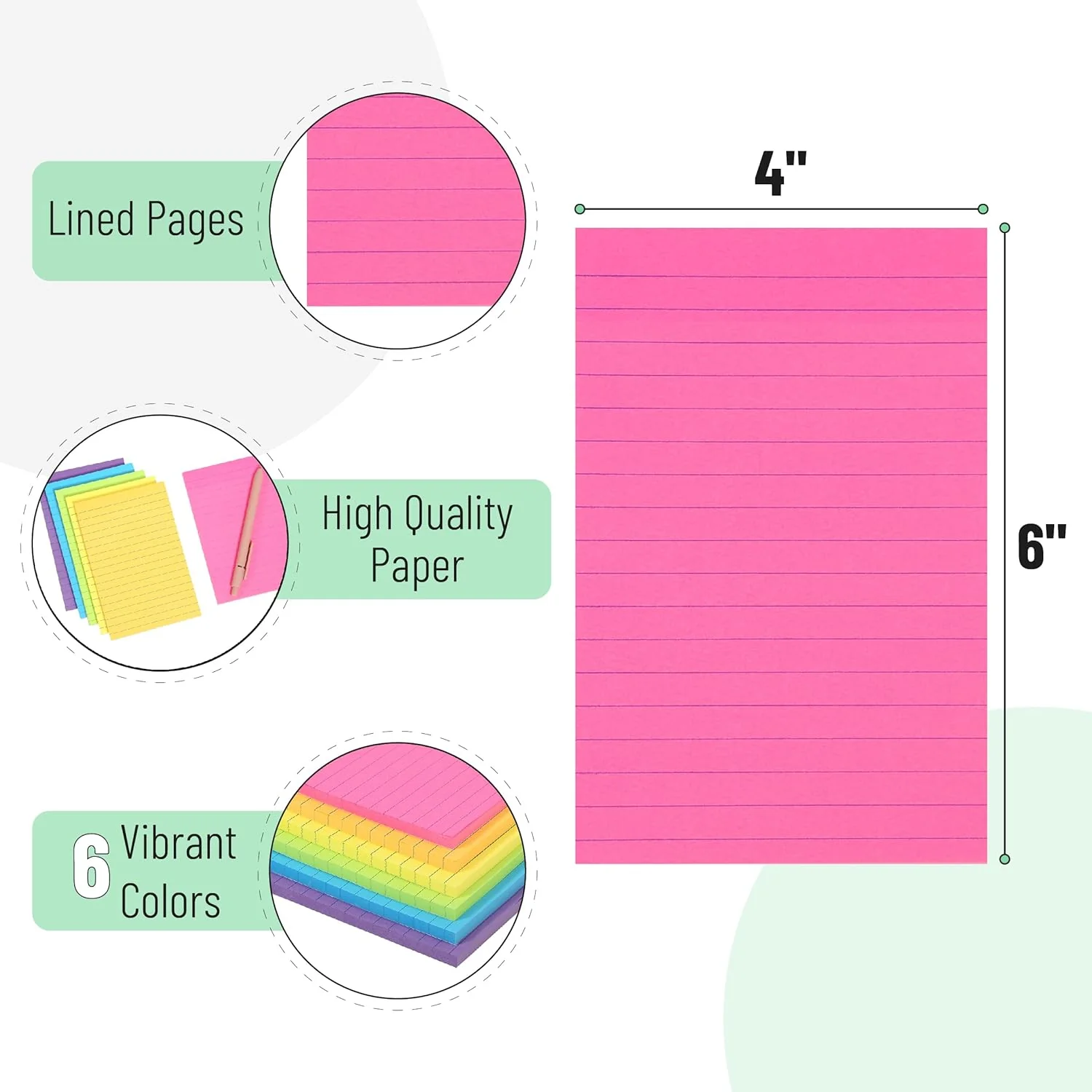 Lined Sticky Notes 4x6, 6 Pads, 360 Sheets, Assorted Colors - Image 3