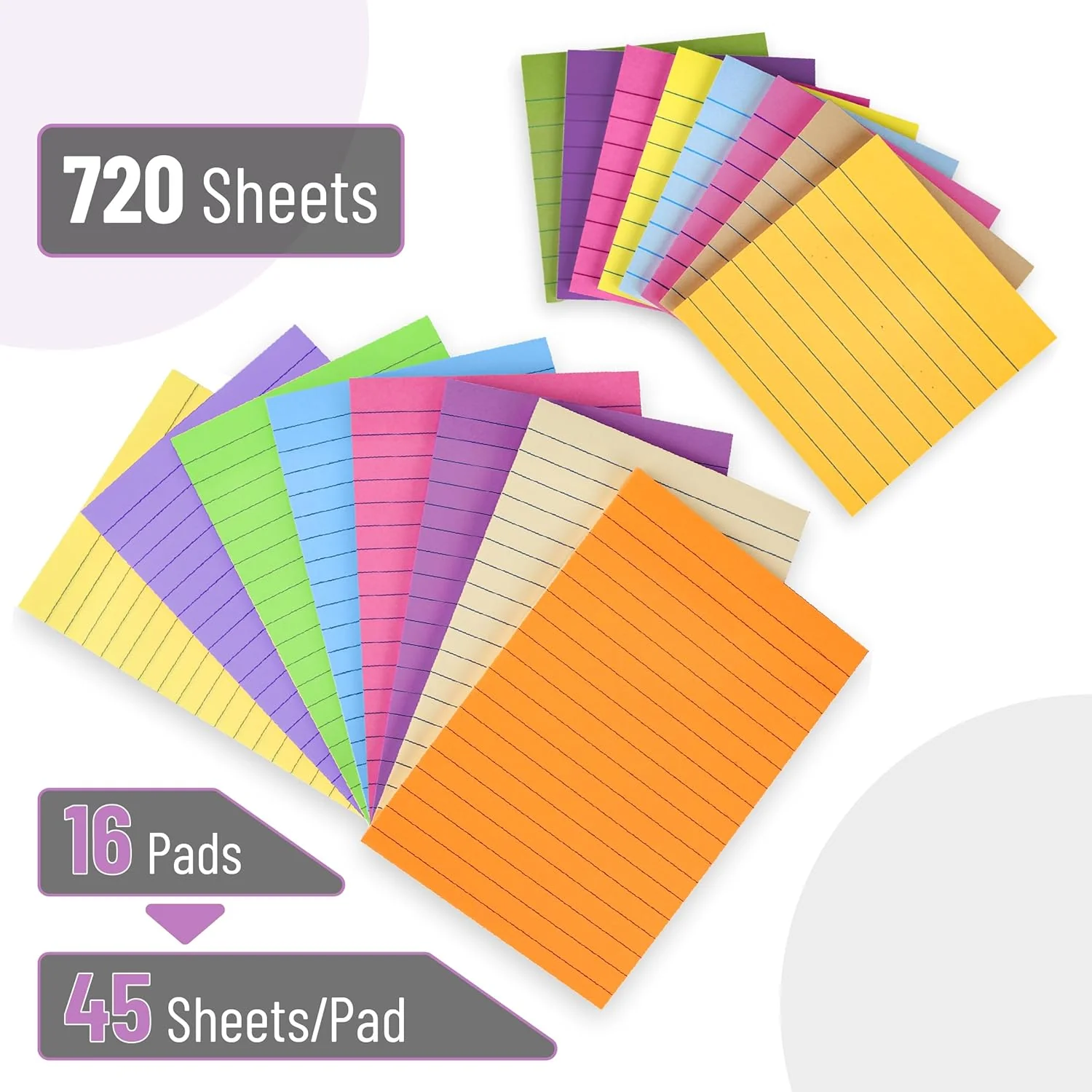 Lined Sticky Notes Set 4x6 and 3x3, 16 Pads, 720 Sheets, Pastel - Image 2