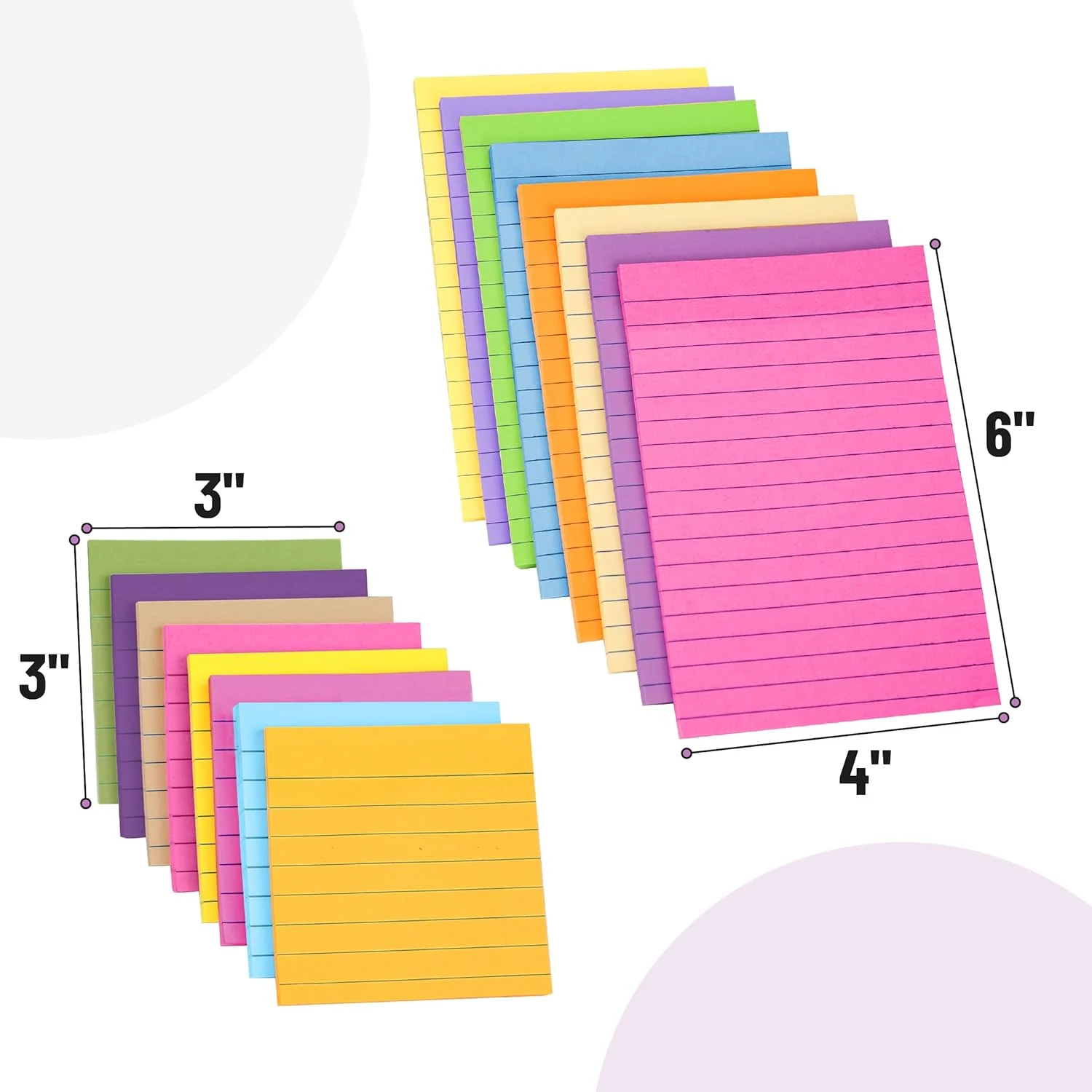 Lined Sticky Notes Set 4x6 and 3x3, 16 Pads, 720 Sheets, Pastel - Image 3