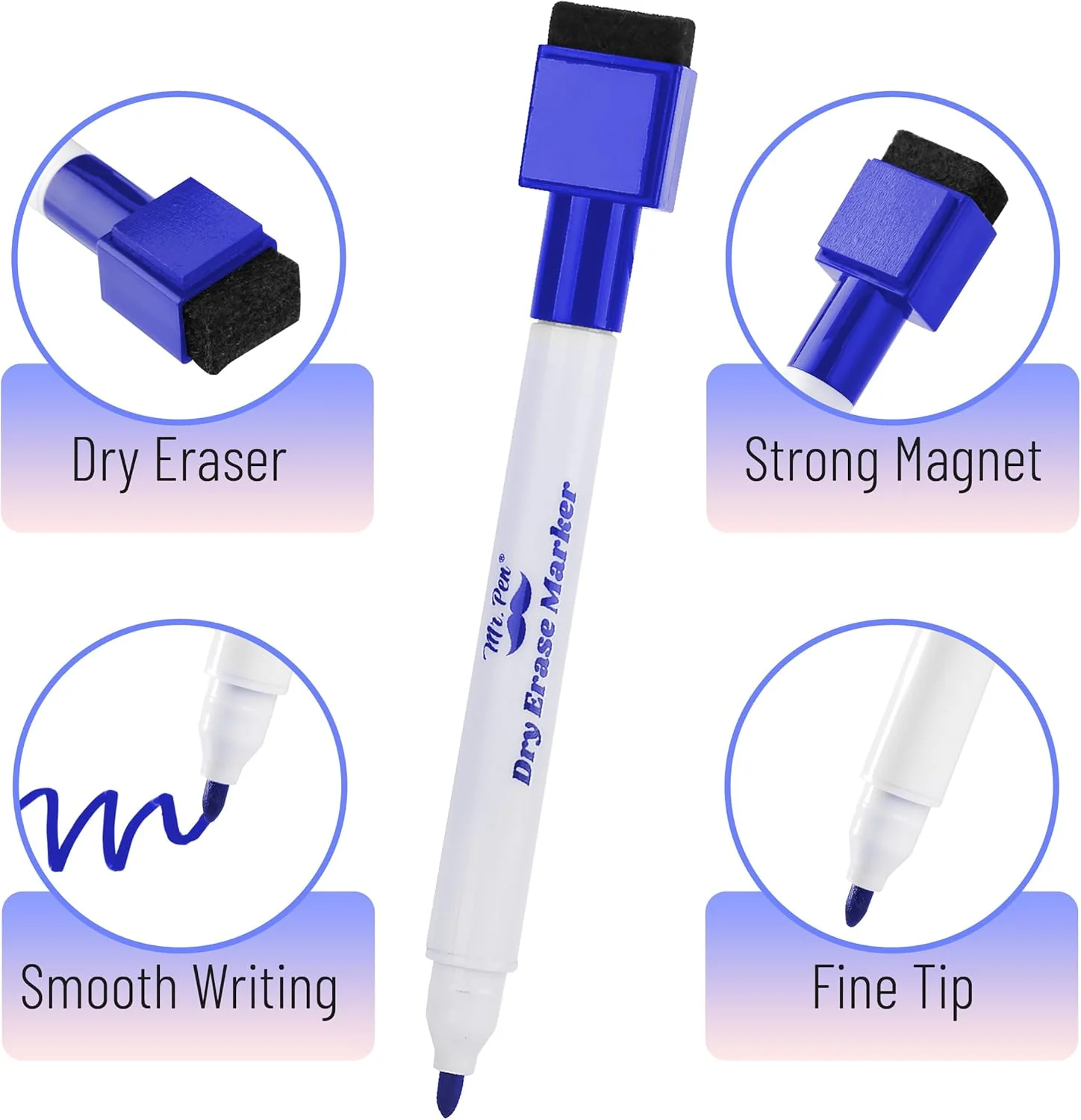 Magnetic Dry Erase Markers, 12 Pack, Blue, Fine Tip, Cap Eraser - Image 4