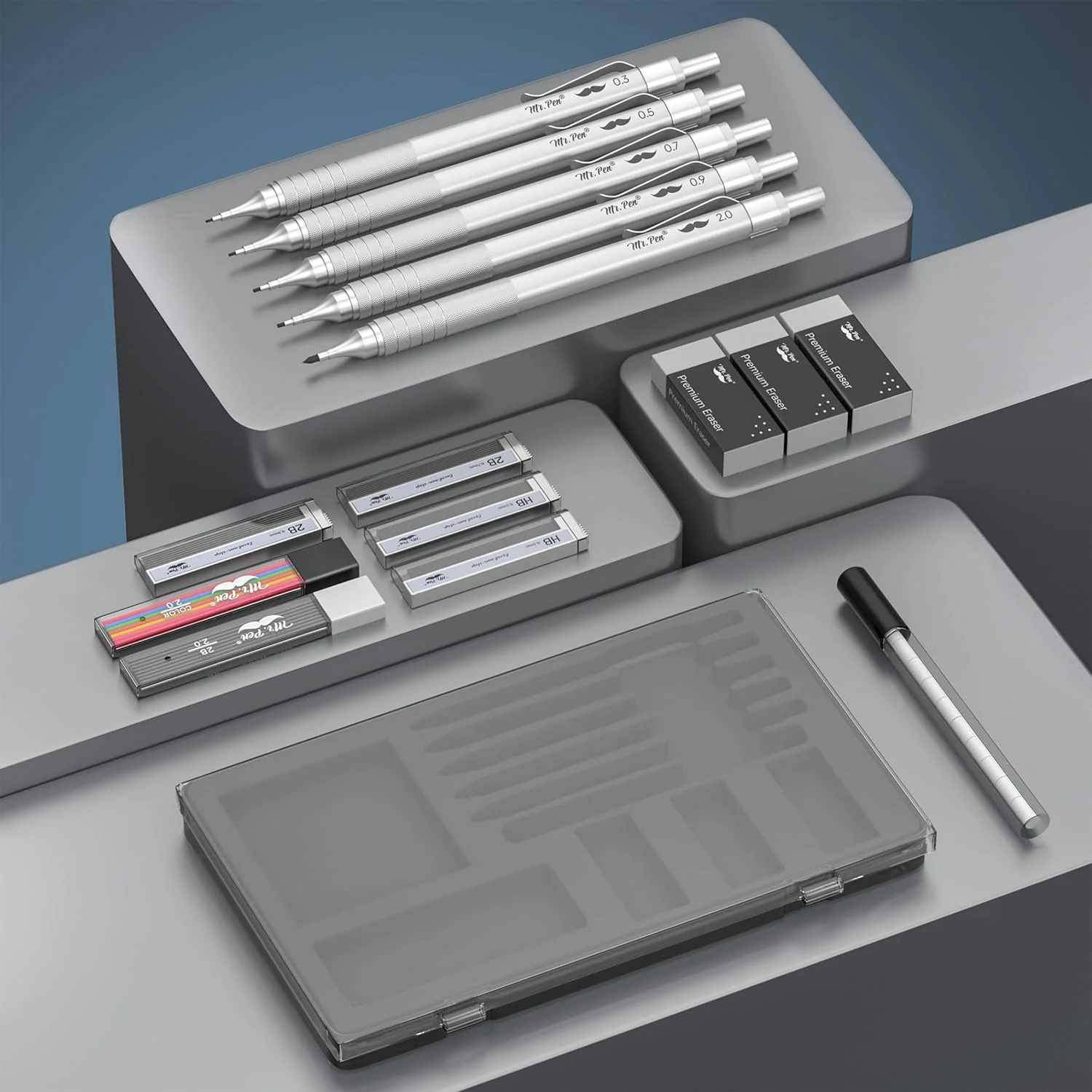 Fancy Mechanical Pencil Set with Case, 5 Sizes, Leads & Erasers - Image 3