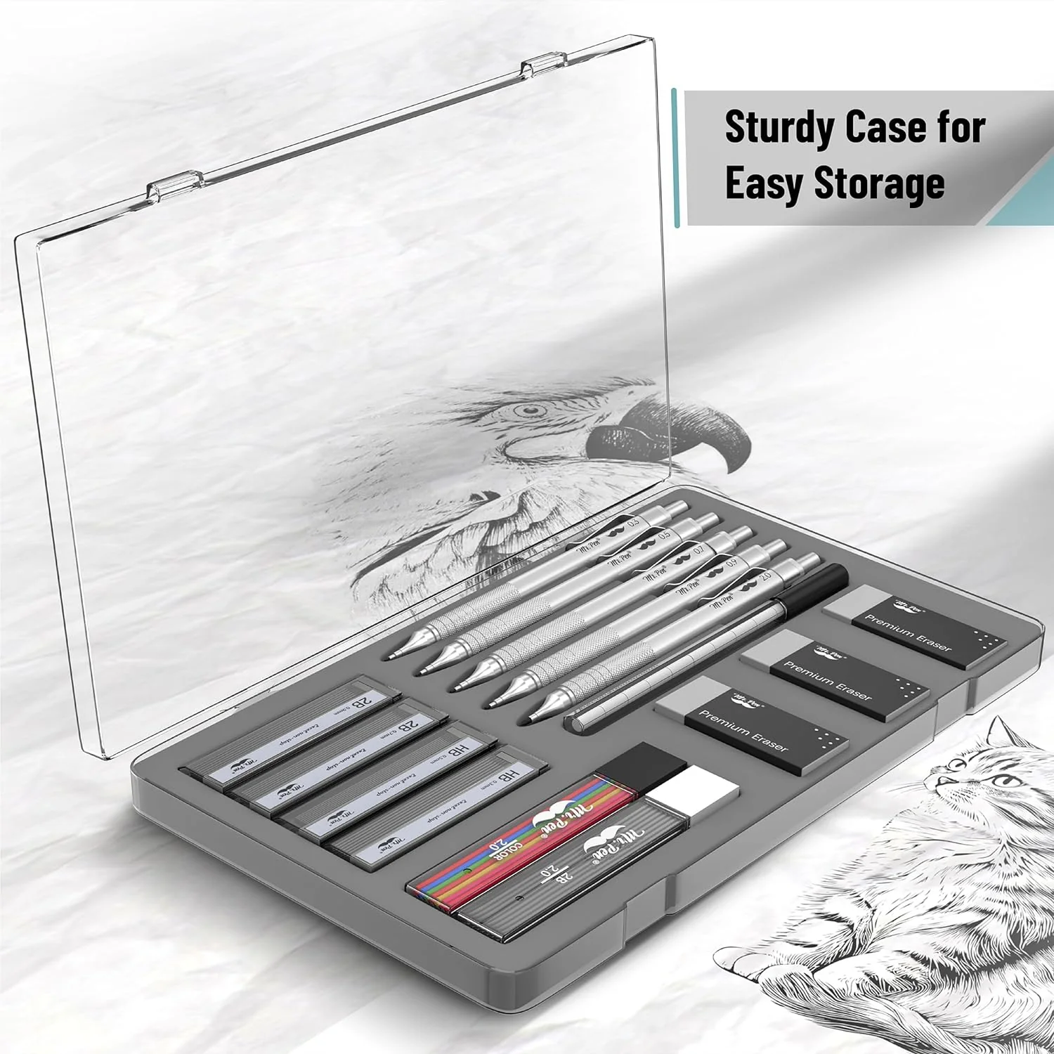 Fancy Mechanical Pencil Set with Case, 5 Sizes, Leads & Erasers - Image 5