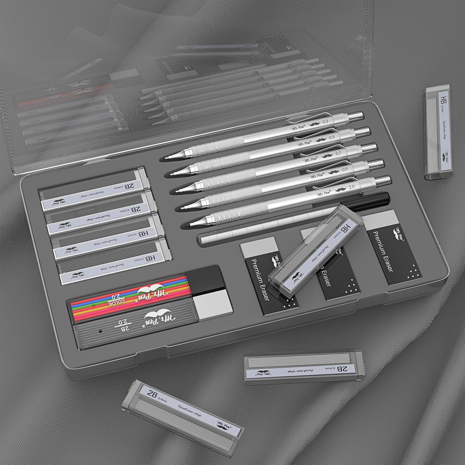 Fancy Mechanical Pencil Set with Case, 5 Sizes, Leads & Erasers - Image 8