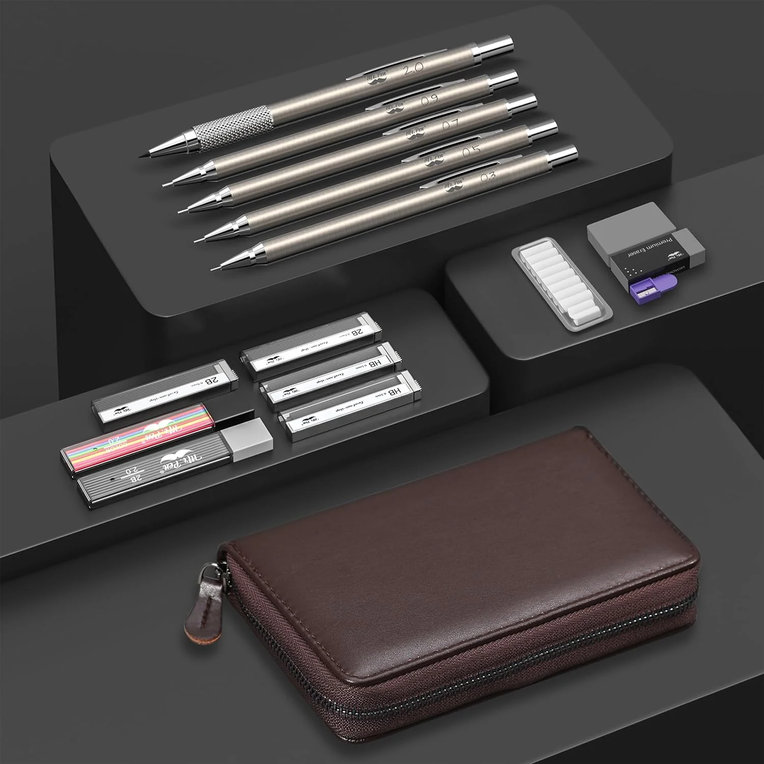 Metal Mechanical Pencil Set in Leather Case, 5 Sizes, HB Leads - Image 3