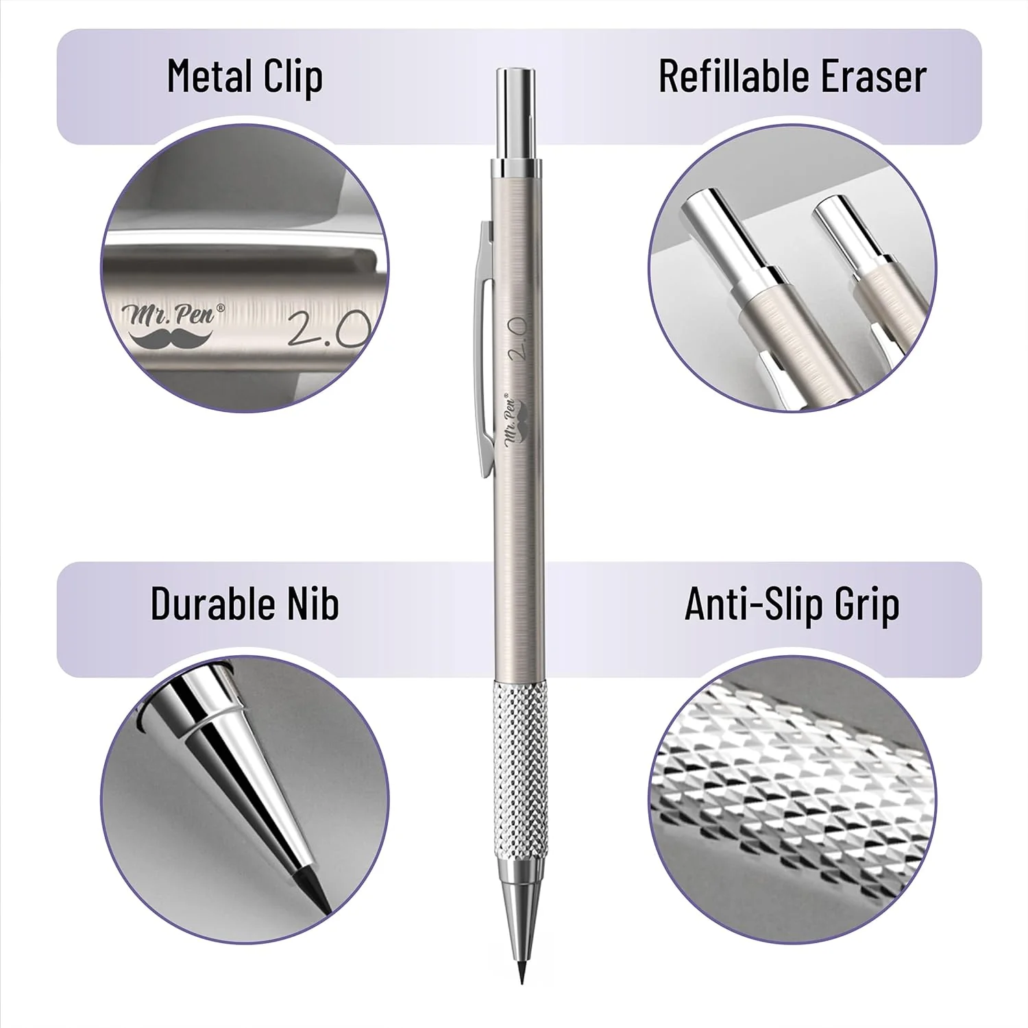 Metal Mechanical Pencil Set in Leather Case, 5 Sizes, HB Leads - Image 5