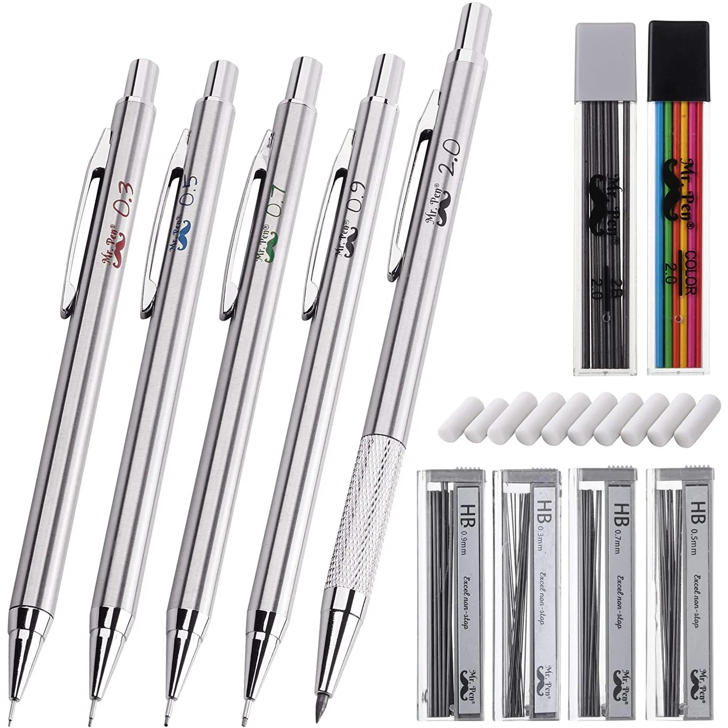 Metal Mechanical Pencil Set with Lead and Eraser Refills, 5 Sizes, 0.3, 0.5, 0.7, 0.9, 2mm, Drafting, Sketching, Architecture, Drawing Metal Mechanical Pencils - Image 15