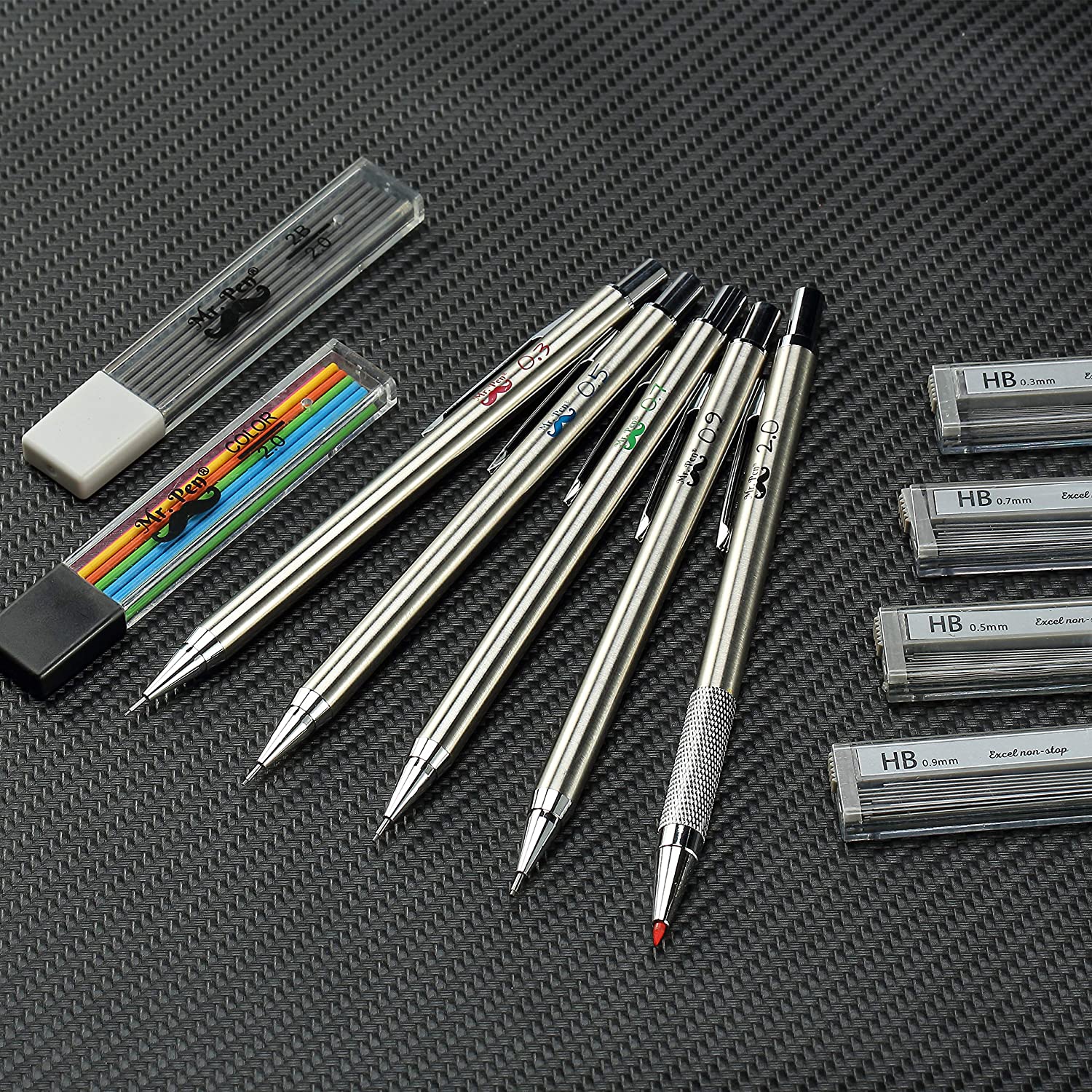 Metal Mechanical Pencil Set with Lead and Eraser Refills, 5 Sizes, 0.3, 0.5, 0.7, 0.9, 2mm, Drafting, Sketching, Architecture, Drawing Metal Mechanical Pencils - Image 7