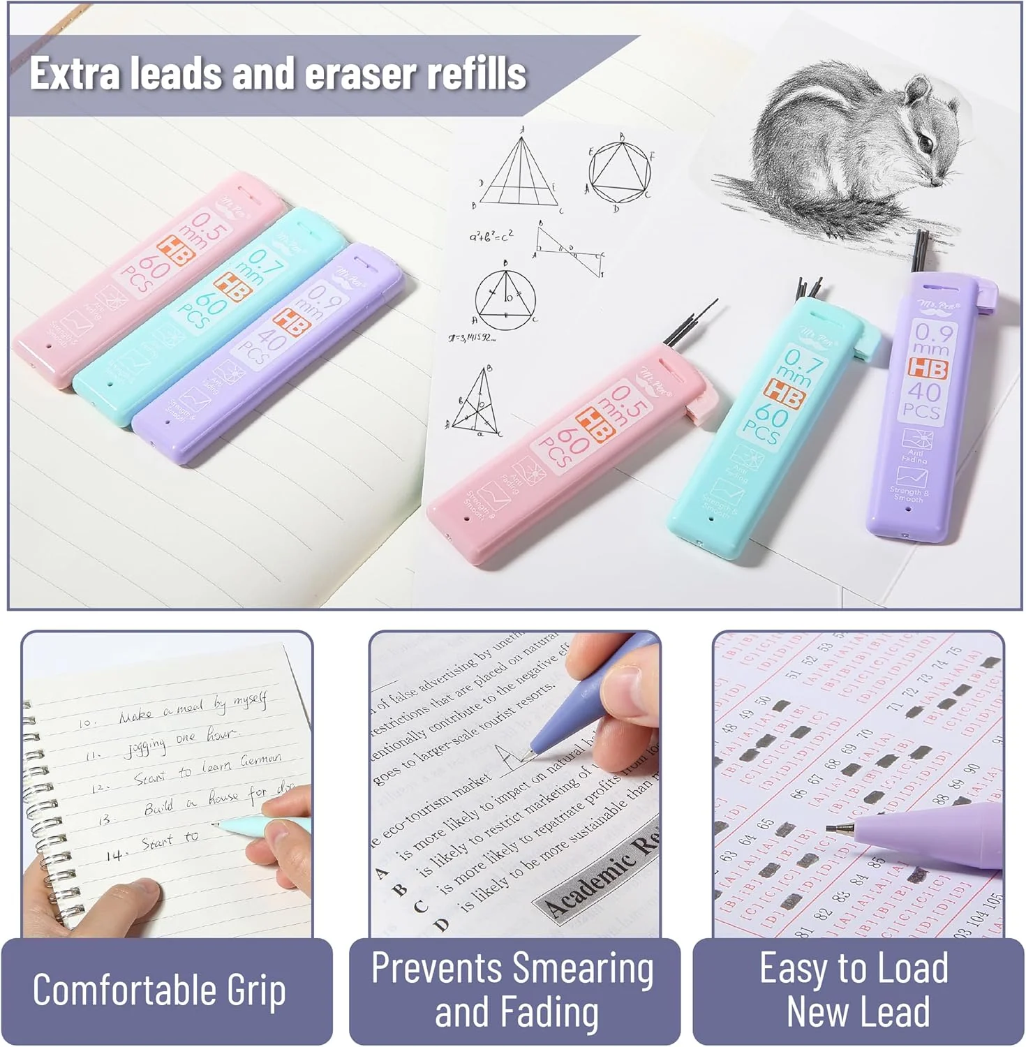 Mr. Pen- Pastel Mechanical Pencil Set with Lead Refills & Erasers, 6 Pack, 3 Sizes, 0.5 0.7 & 0.9mm, Aesthetic Mechanical Pencils Set - Image 4