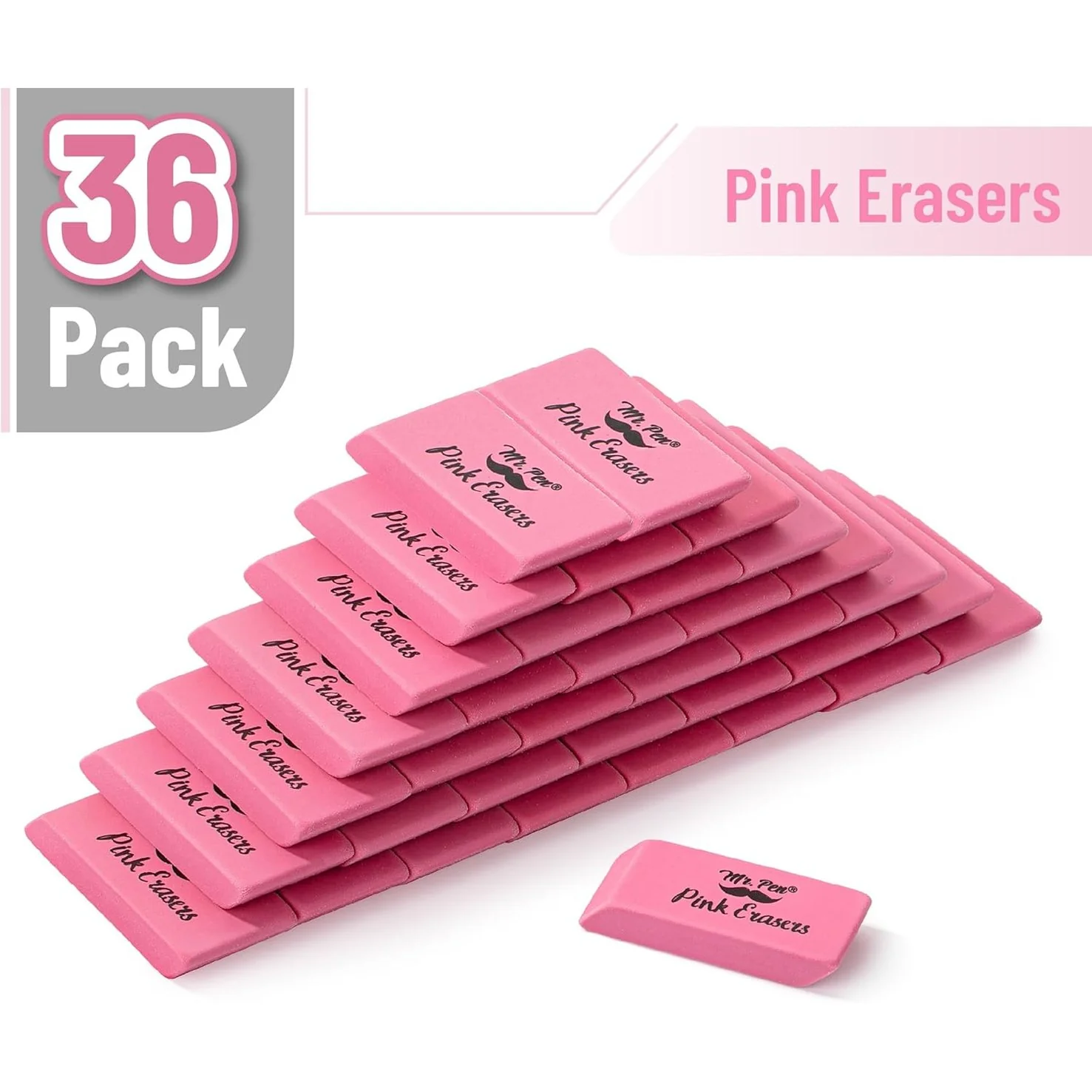 Classic Pink Pencil Erasers, 36 Pack, Large Block Erasers - Image 3
