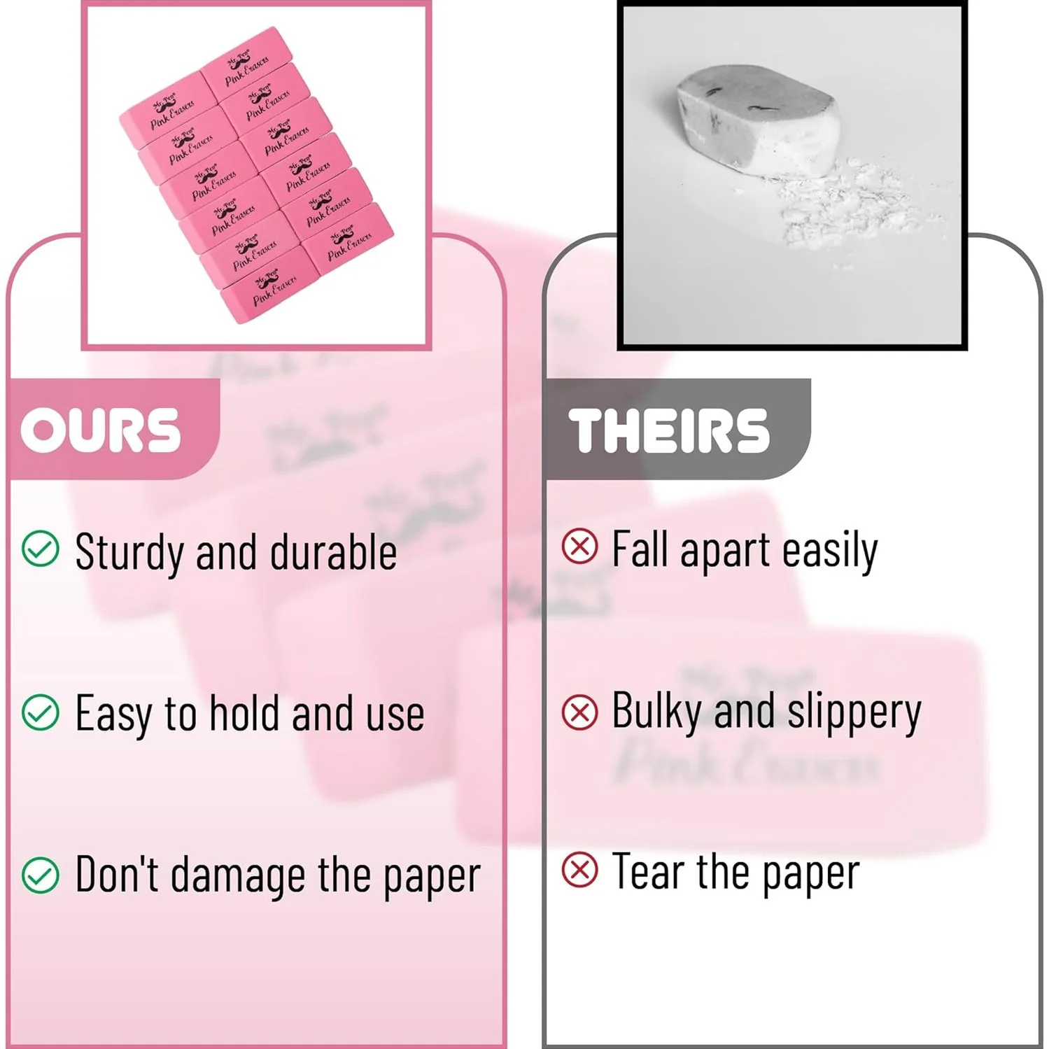 Classic Pink Pencil Erasers, 36 Pack, Large Block Erasers - Image 5